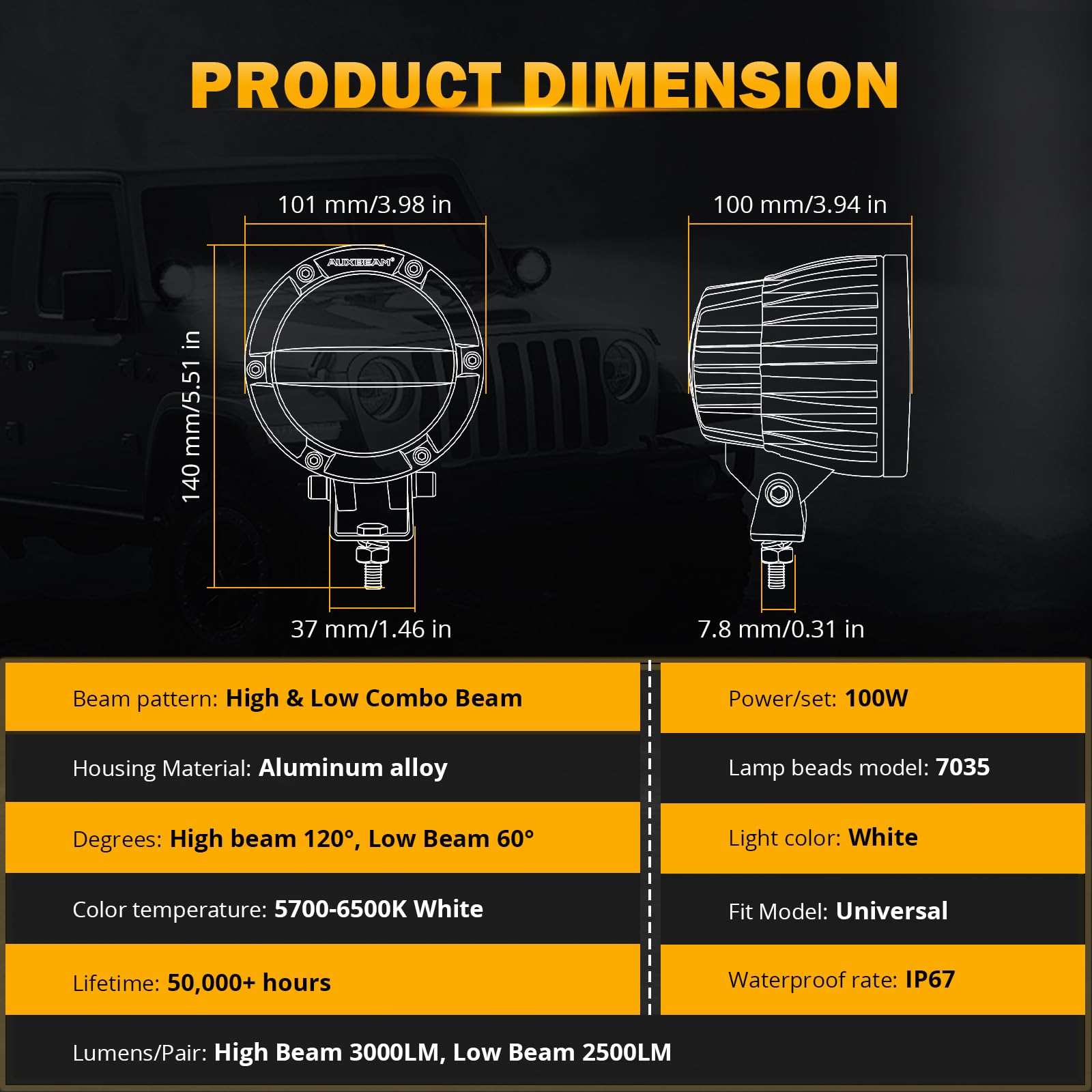 Auxbeam 100W Round LED Light Pods 4 Inch with Hi/Lo/Combo Beam, Road Round Lights Waterproof, LED Offroad Light Pod for Truck 4WD SUV ATV UTV (Pack of 2) - Image 8