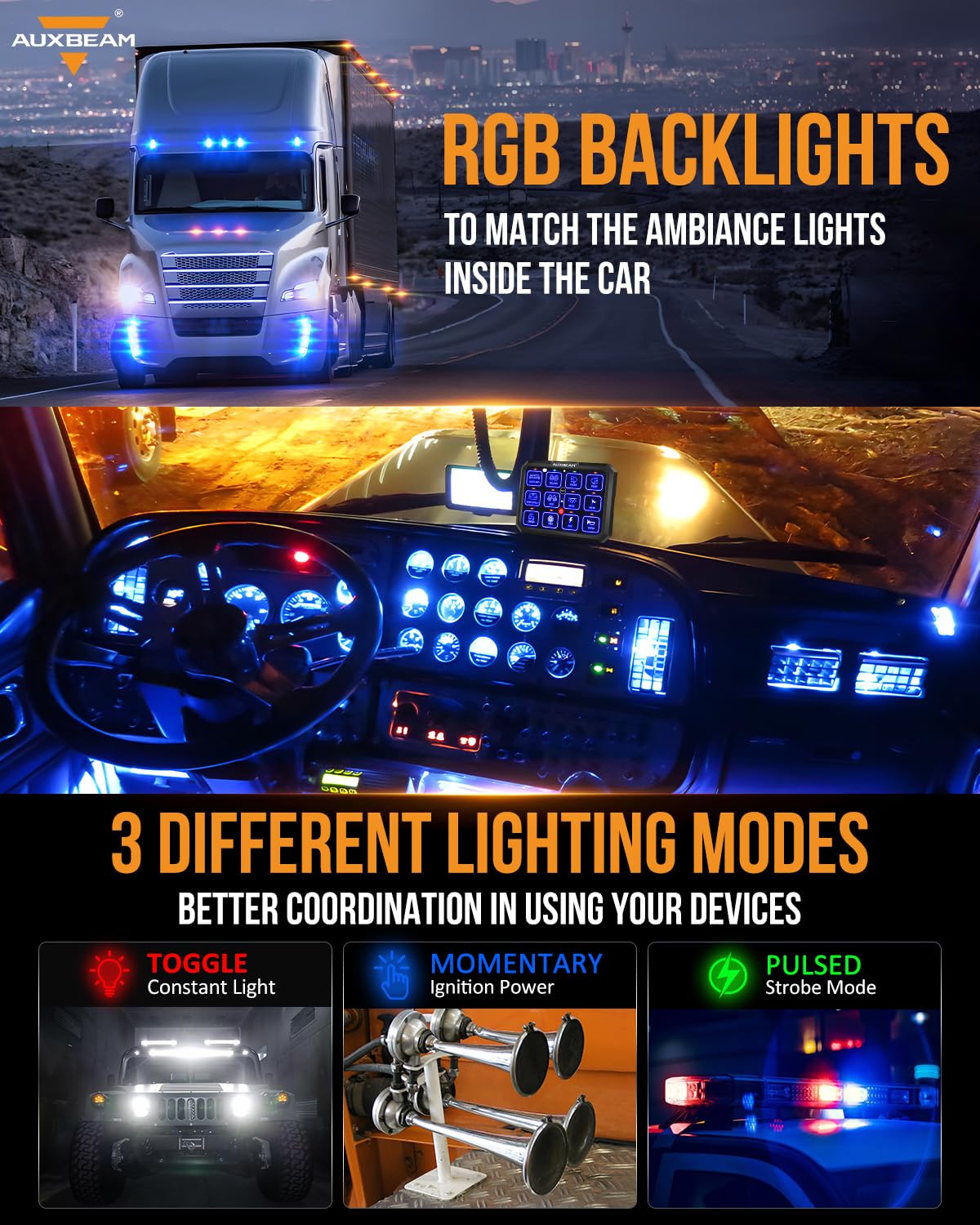 Auxbeam 12 Gang Switch Panel RB120 Toggle Momentary Pulsed RGB Dimmable Multifunction Switch Panel Two Sided Output Marine Switch Panel IP65 Waterproof for Car Boat RV, 3 Year Warranty - Image 4