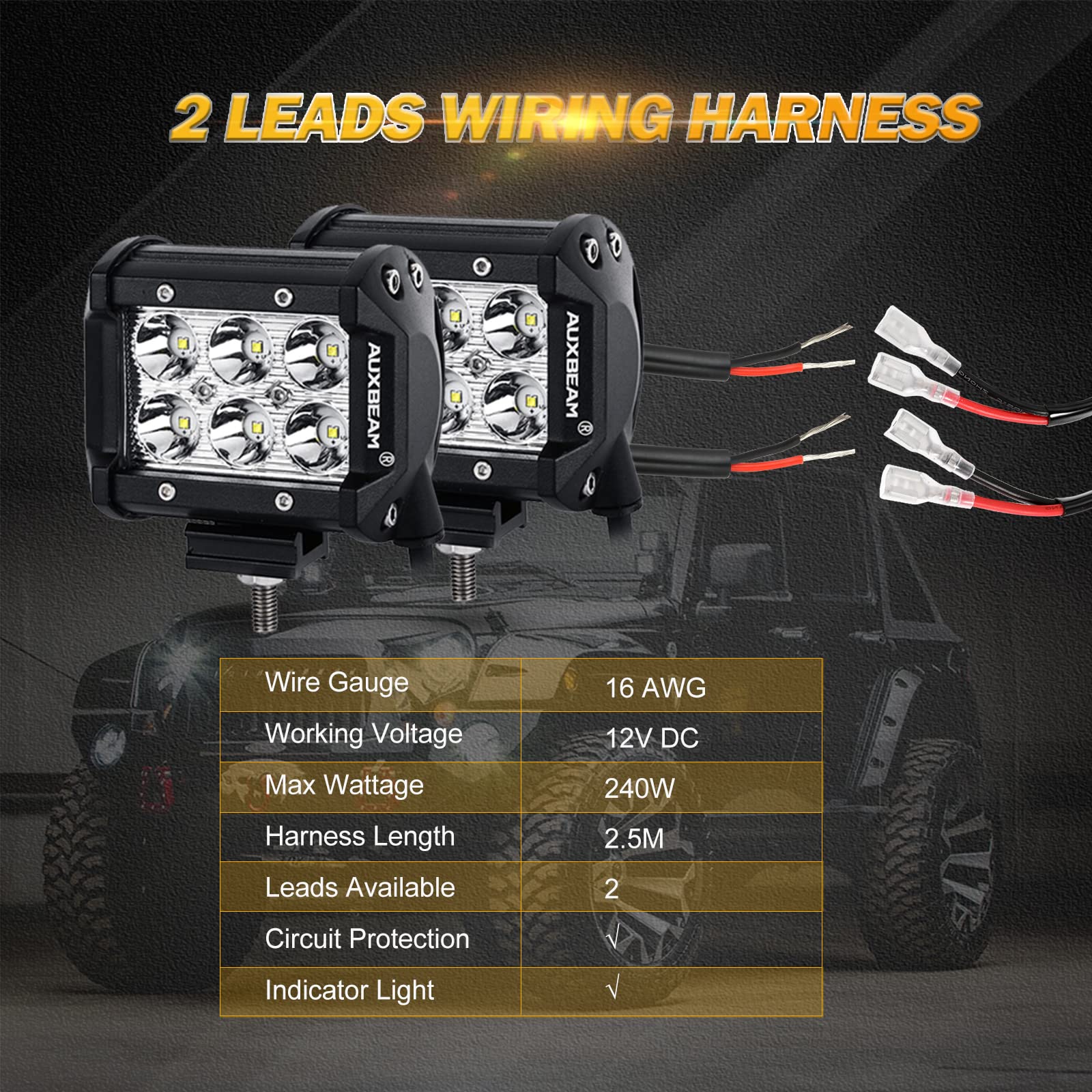 Auxbeam 16AWG Led Light Bar Wiring Harness with Fuse, 2 Leads 240W Wiring Harness Kit for Off-Road Lights, 12V 40A Relay On Off Switch Relay for Led Work Light Fog Lights - Image 4
