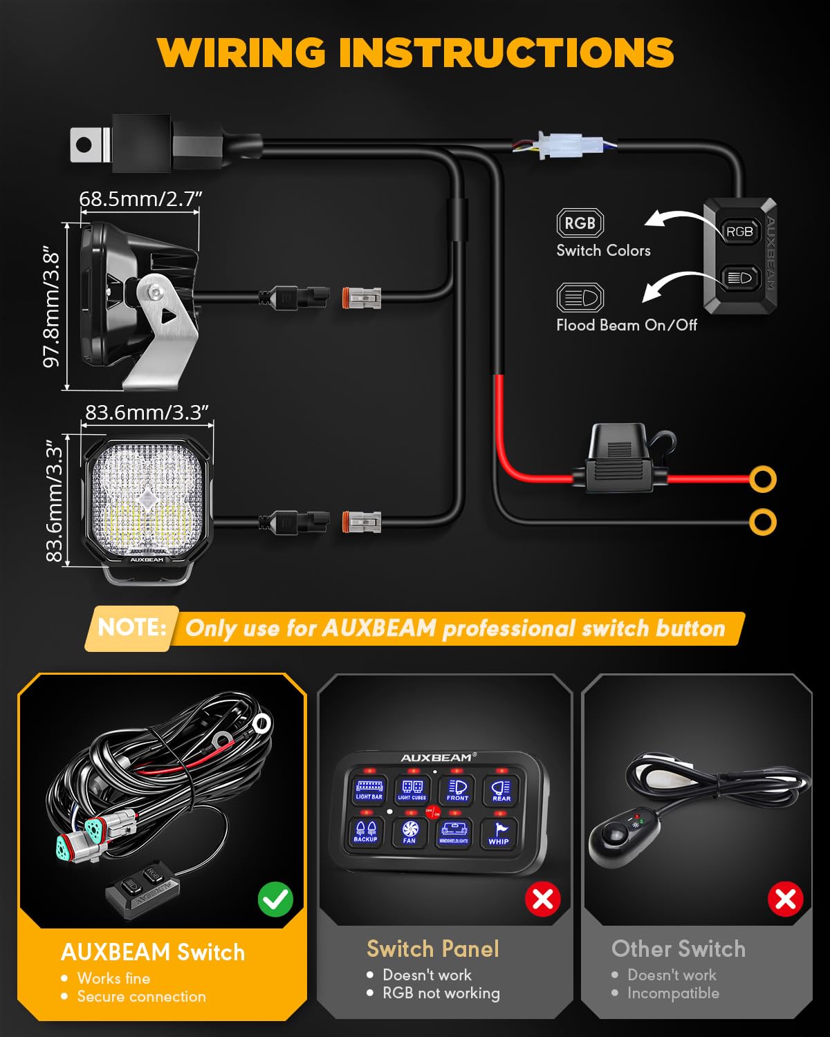 Auxbeam 3 Inch LED Off Road Lights, Color Play Series 7 RGB Colors LED Pod Light, 12960LM Auxiliary Driving Lights with White/Amber/Black Covers Flood Beam Work Lights Amber Fog Light for Truck Jeep - Image 7