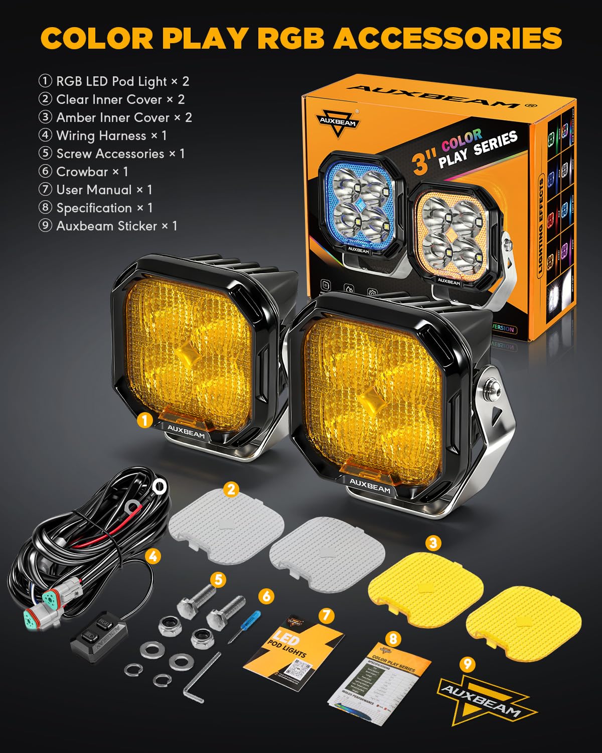 Auxbeam 3 Inch LED Off Road Lights, Color Play Series 7 RGB Colors LED Pod Light, 12960LM Auxiliary Driving Lights with White/Amber/Black Covers Flood Beam Work Lights Amber Fog Light for Truck Jeep - Image 8