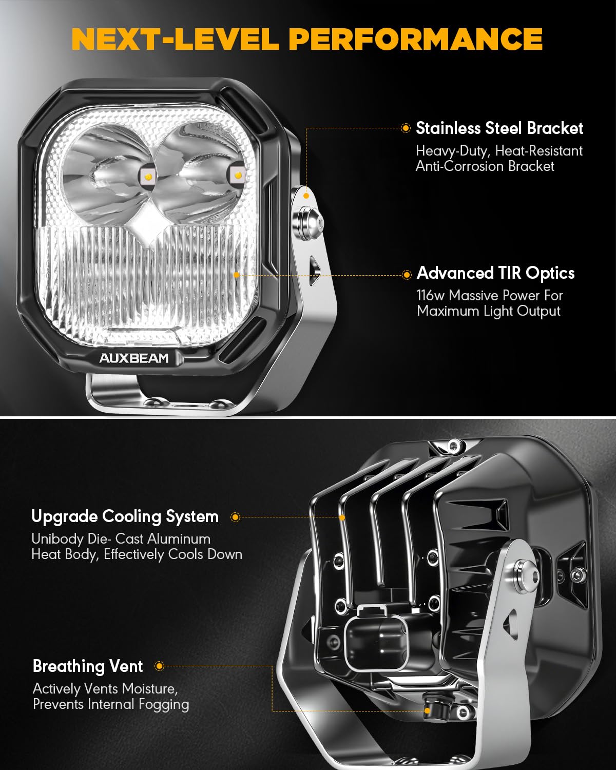 Auxbeam 3 Inch RGB LED Pod Lights, 7 Dynamic Gradient Cycle Backlight, 116W Spot Flood Combo, RGBW Color Changing Off Road Driving Light for Jeep Truck ATV, Color Play Series with White Amber Covers - Image 6