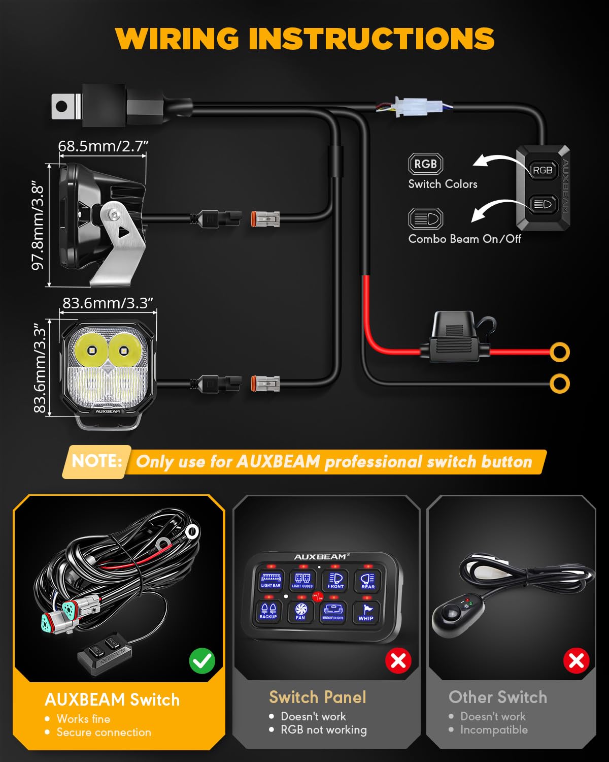 Auxbeam 3 Inch RGB LED Pod Lights, 7 Dynamic Gradient Cycle Backlight, 116W Spot Flood Combo, RGBW Color Changing Off Road Driving Light for Jeep Truck ATV, Color Play Series with White Amber Covers - Image 7