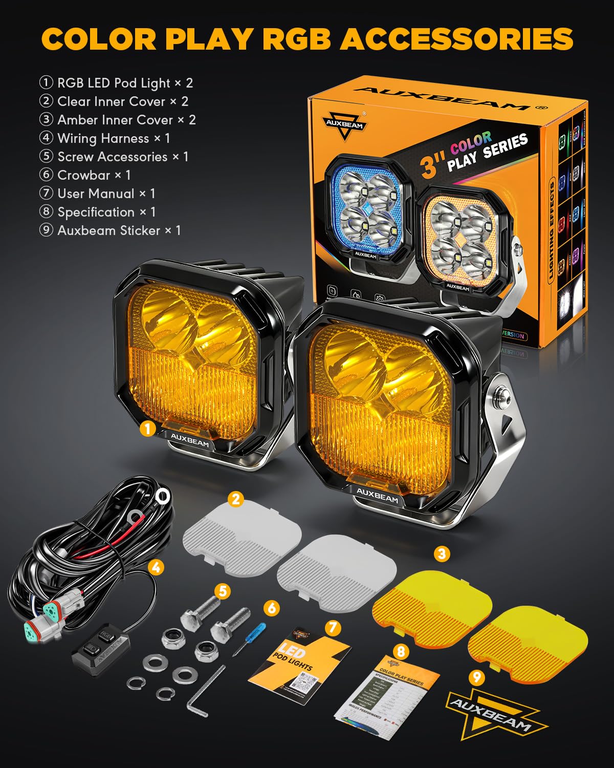 Auxbeam 3 Inch RGB LED Pod Lights, 7 Dynamic Gradient Cycle Backlight, 116W Spot Flood Combo, RGBW Color Changing Off Road Driving Light for Jeep Truck ATV, Color Play Series with White Amber Covers - Image 8