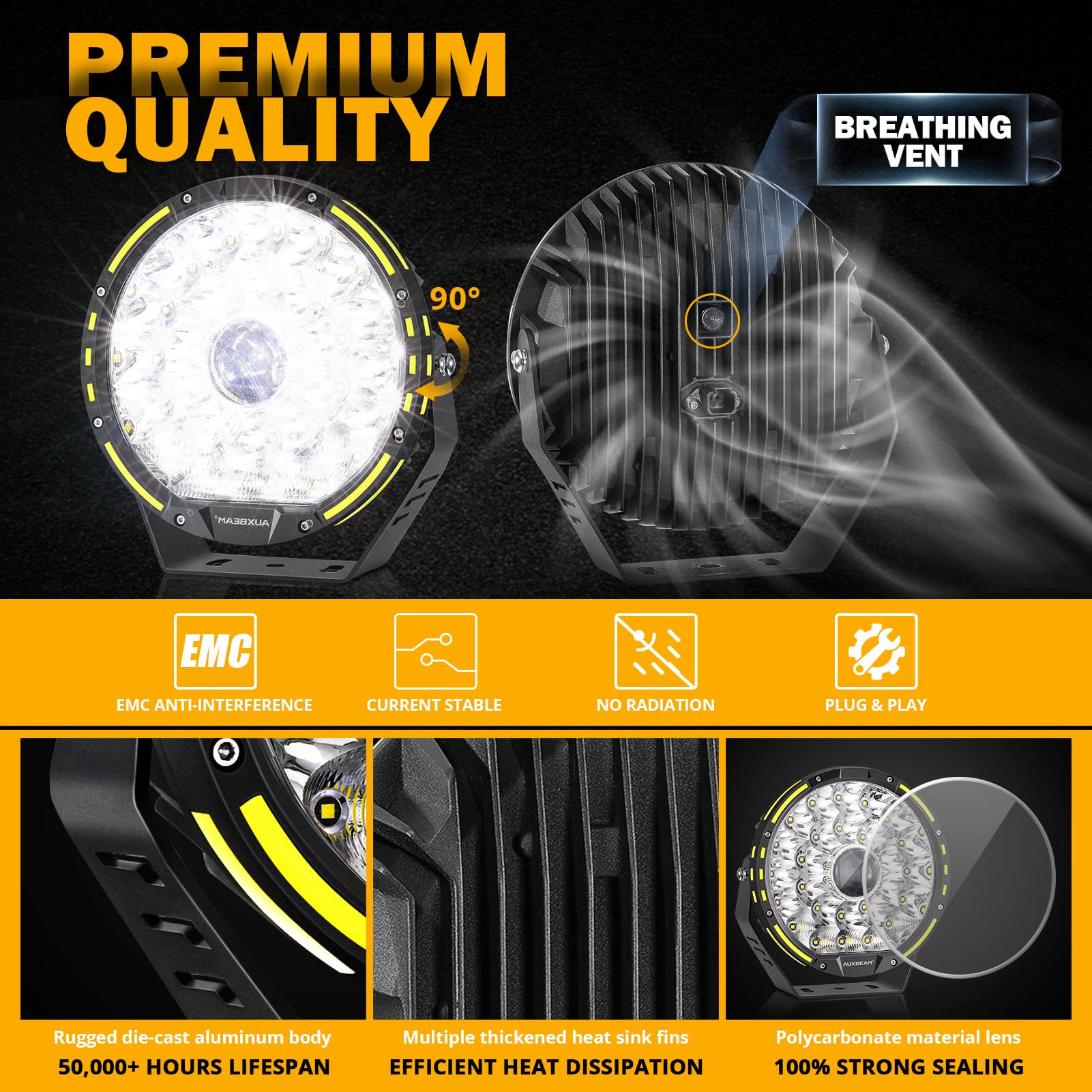 Auxbeam 360-PRO Series Bundle, 9" 270W Round Offroad Lights with 2PCS Black Light Covers, Spot Flood Combo Driving Light Bar Truck Pod Lights 4x4 Off-Road Lighting - Image 9