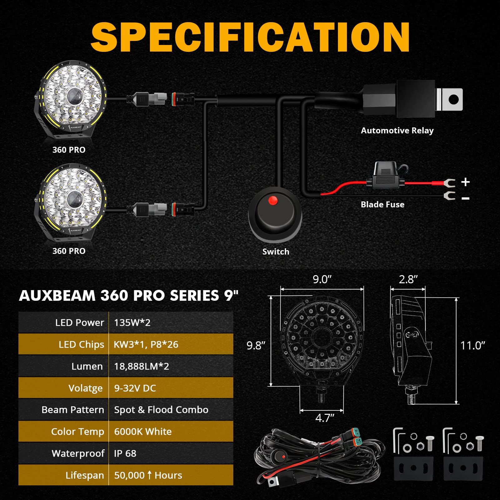 Auxbeam 360-PRO Series Bundle, 9" 270W Round Offroad Lights with 2PCS Black Light Covers, Spot Flood Combo Driving Light Bar Truck Pod Lights 4x4 Off-Road Lighting - Image 6