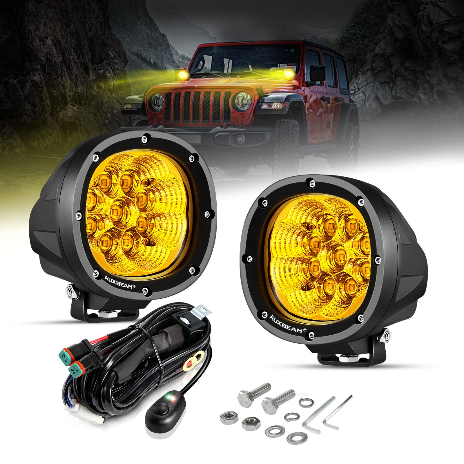 Auxbeam 4 Inch Amber Round LED Driving Flood Light + 4 inch LED Pod Covers Waterproof Dustproof for Truck SUV ATV UTV Jeep Wrangler Motorcycle - Image 8