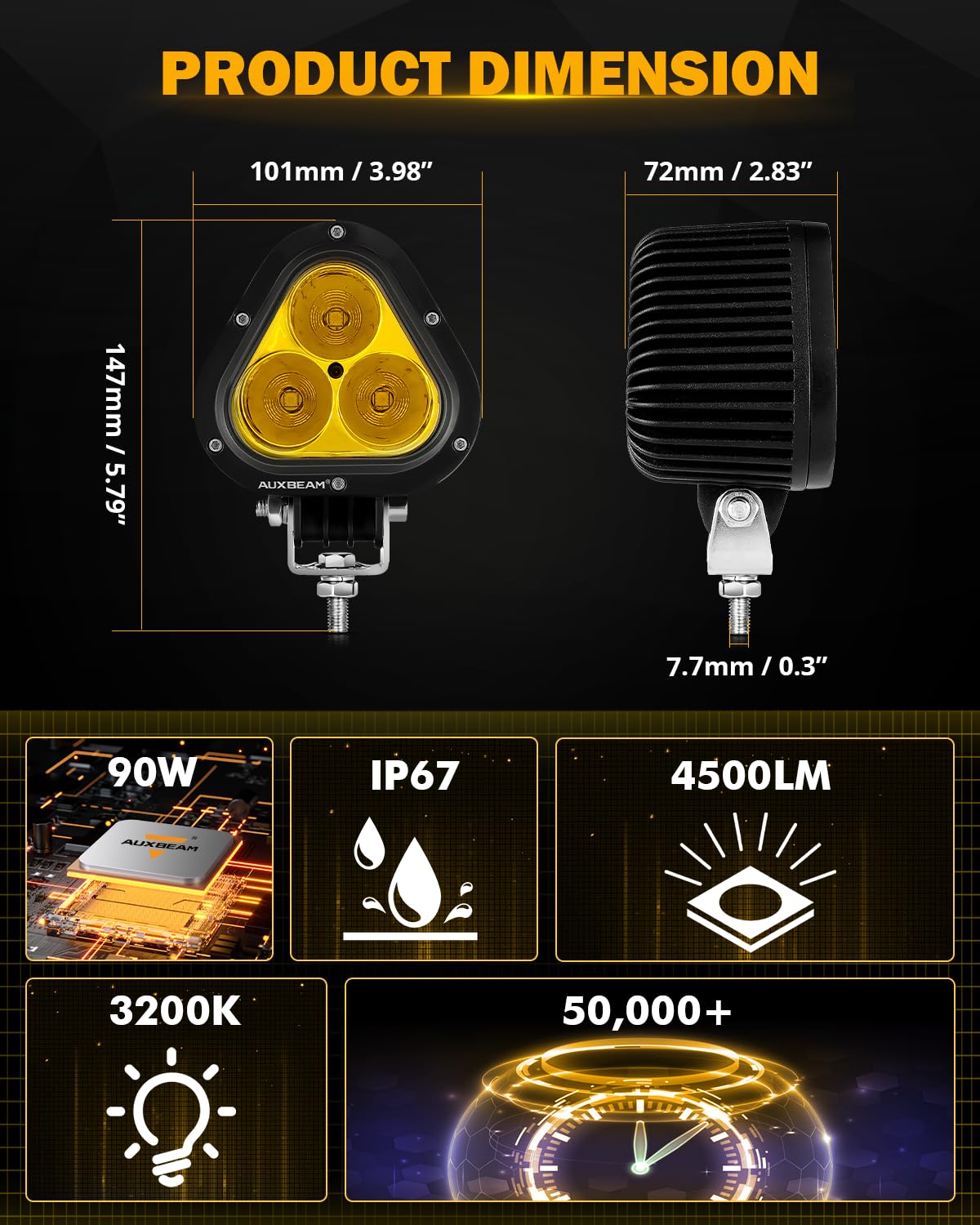 Auxbeam 4 Inch LED Led Pods, Amber Offroad Light 9000LM 90W Yellow Fog Lights Spot Flood Combo LED Driving Ditch Light Universal Auxiliary Lights for Jeep Truck ATV UTV - Image 4