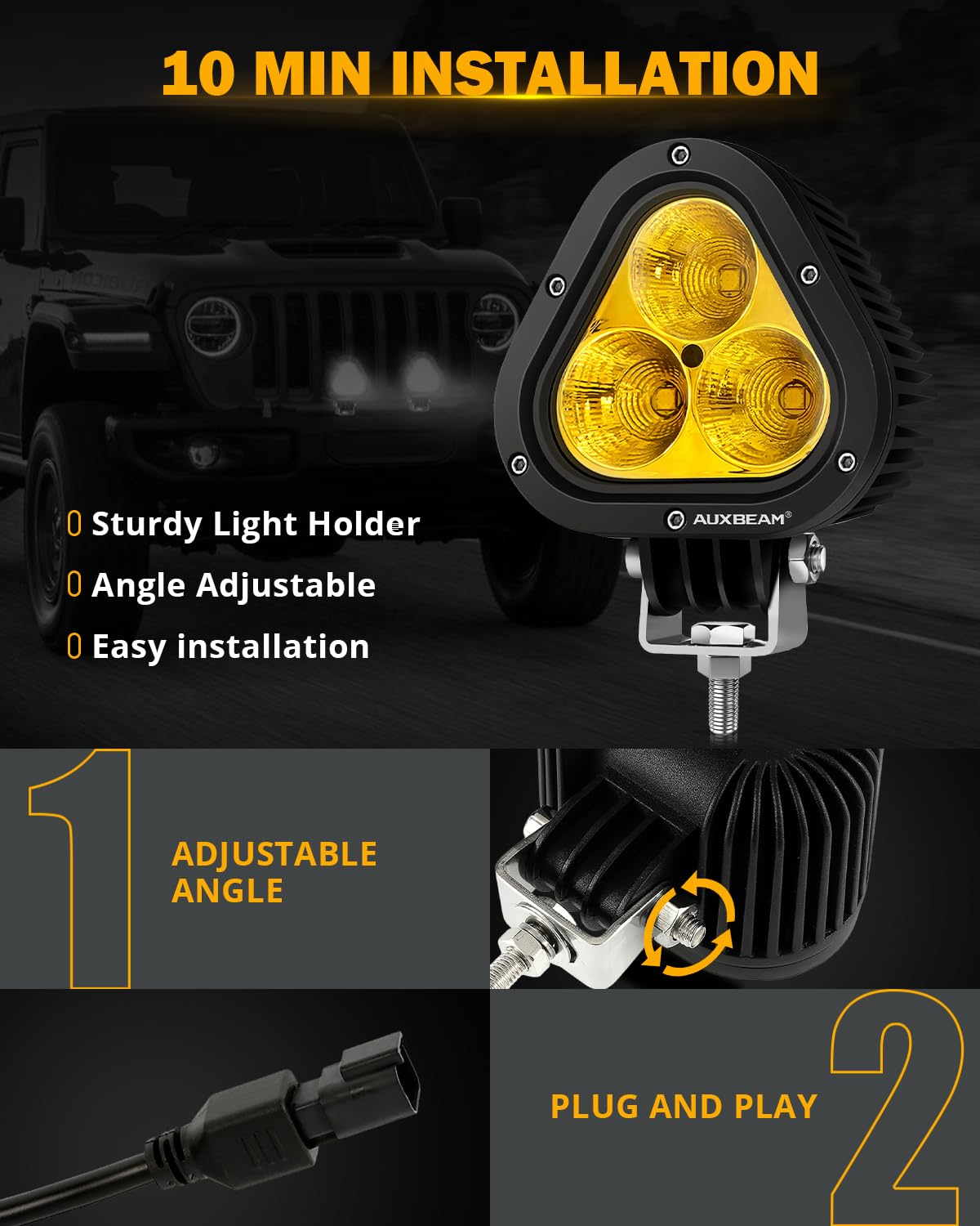 Auxbeam 4 Inch LED Led Pods, Amber Offroad Light 9000LM 90W Yellow Fog Lights Spot Flood Combo LED Driving Ditch Light Universal Auxiliary Lights for Jeep Truck ATV UTV - Image 6