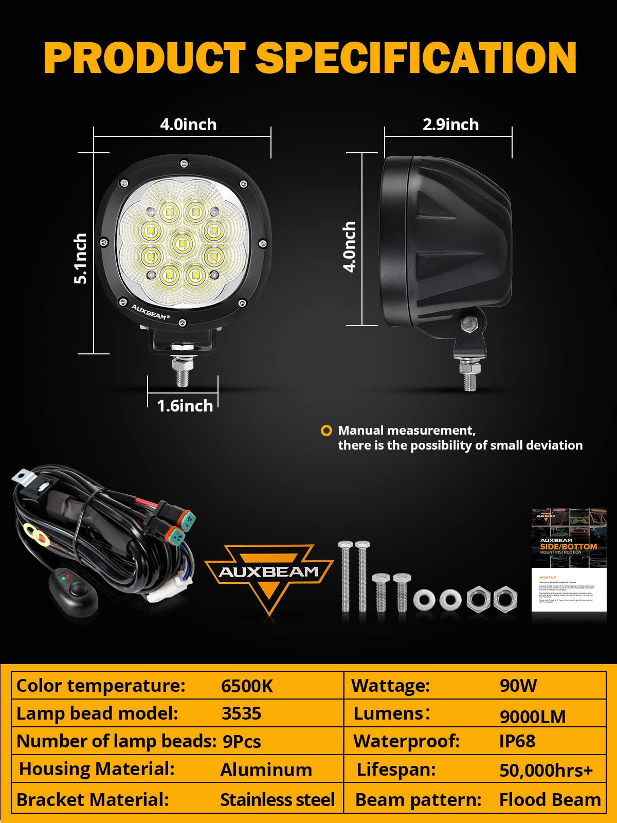 Auxbeam 4 Inch Round LED Driving Flood Light + 4 inch LED Pod Covers with DT Plug Wiring Harness Kit for Truck Boat Pickup ATV UTV SUV - Image 6