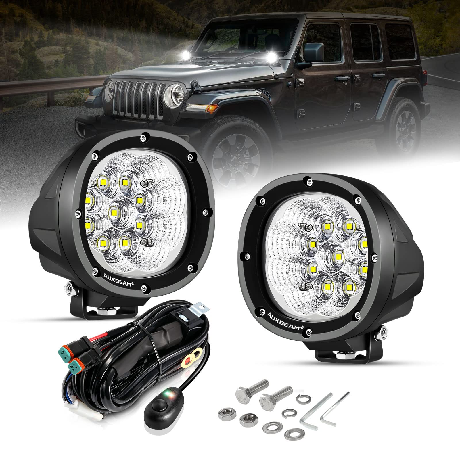 Auxbeam 4 Inch Round LED Driving Flood Light + 4 inch LED Pod Covers with DT Plug Wiring Harness Kit for Truck Boat Pickup ATV UTV SUV - Image 8