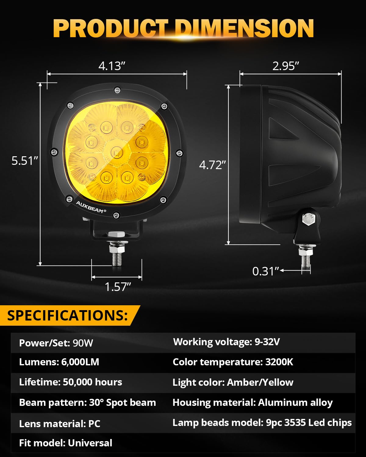 Auxbeam 4In 90W Amber Round Led Offroad Lights 2PCS 9000LM Amber Fog Super Bright Driving Light with Wiring Harness Kit Spot Beam Pod Light for Truck SUV ATV UTV Jeep Wrangler Motorcycle - Image 4
