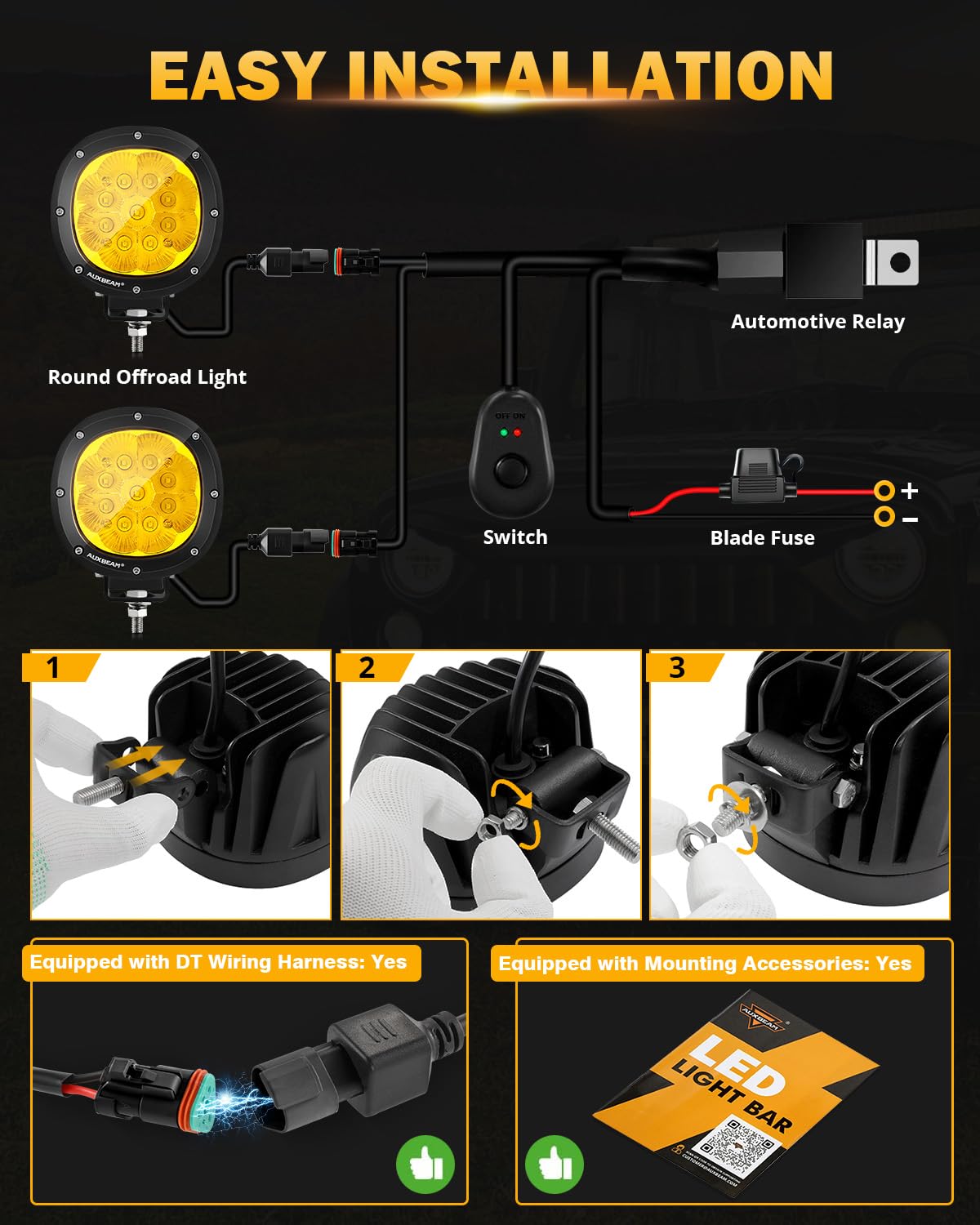 Auxbeam 4In 90W Amber Round Led Offroad Lights 2PCS 9000LM Amber Fog Super Bright Driving Light with Wiring Harness Kit Spot Beam Pod Light for Truck SUV ATV UTV Jeep Wrangler Motorcycle - Image 5