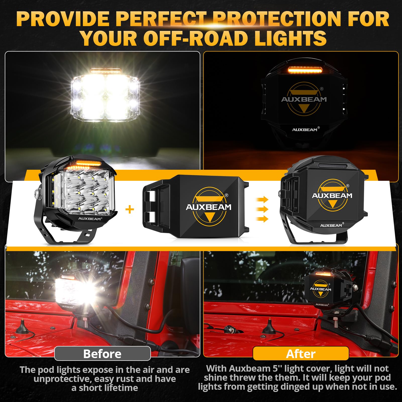 Auxbeam 5" 168W Round LED Offroad Light Pod with Amber Covers+Auxbeam 5 inch Pod Light Covers, Black - Image 5