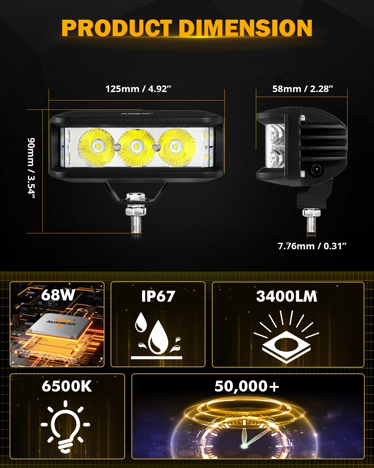 Auxbeam 5 Inch LED Light Bar, Side Shooter Pod Lights 68W 6800LM LED Offroad Driving Lights with White Spot Flood Combo Beam, Waterproof Offroad Fog Light for UTV ATV Jeep Truck Boat (White Beam) - Image 4