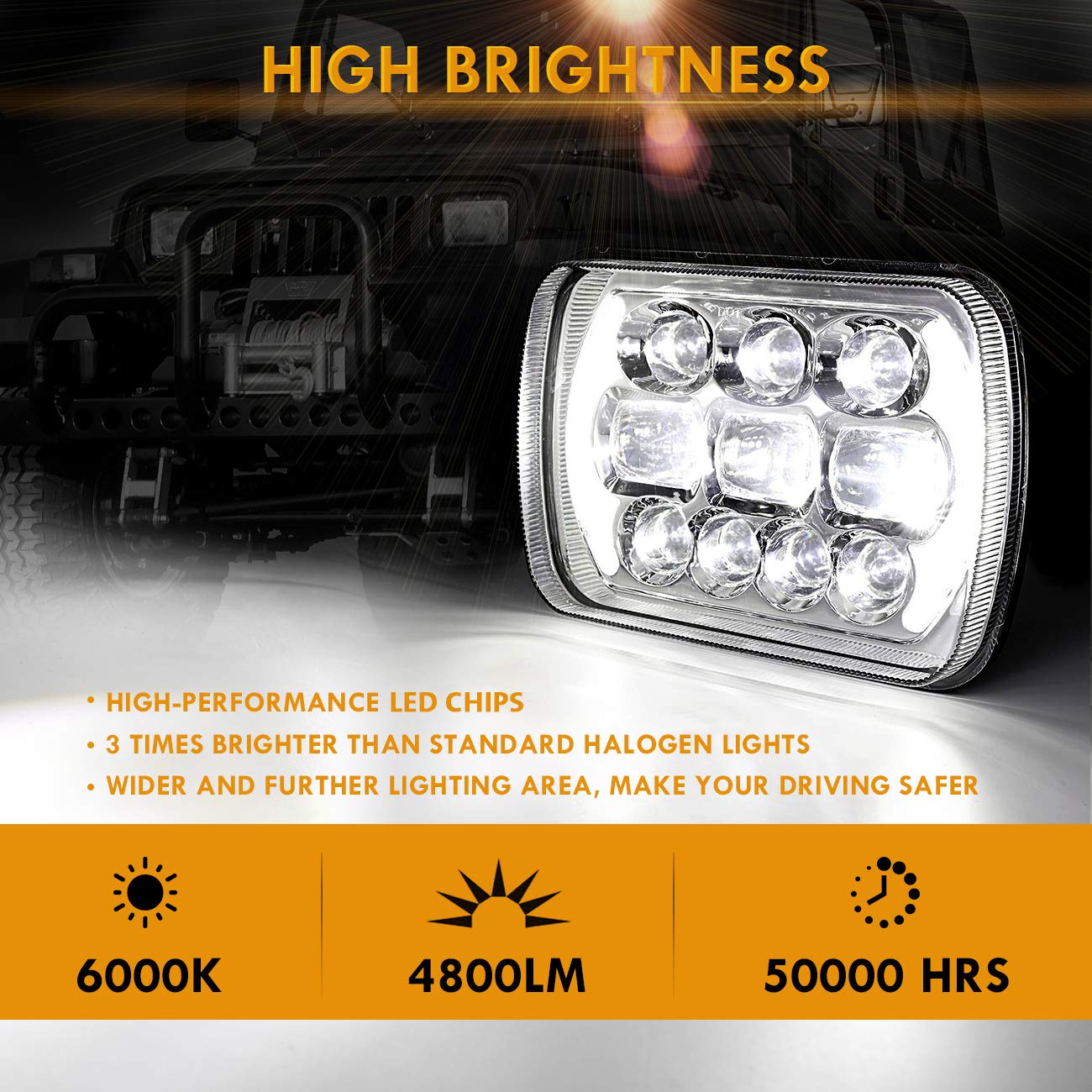 Auxbeam 5x7 LED Headlight High Low Beam, 85W 7x6 Led Sealed Beam Headlamp with DRL Angle Eyes, DOT Approved H6054 Led Headlight for Jeep Wrangler Cherokee XJ H6054 H5054 69822 6052 (2Pcs Silver) - Image 5