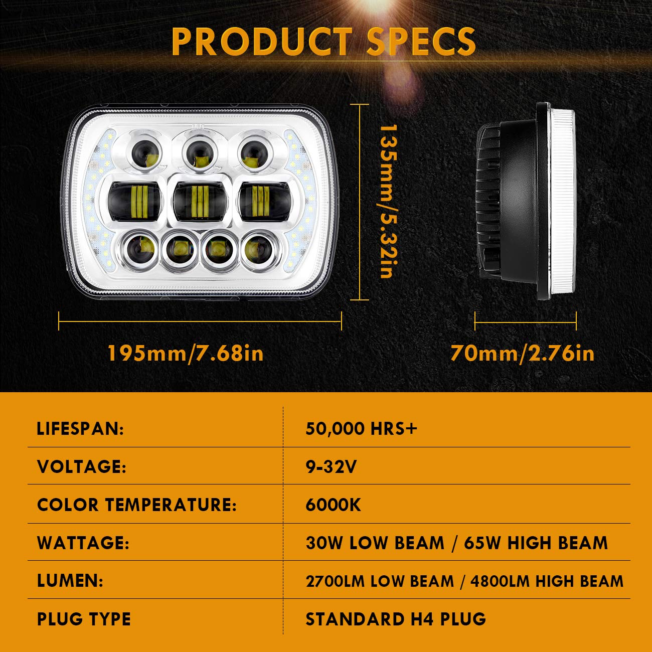 Auxbeam 5x7 LED Headlight High Low Beam, 85W 7x6 Led Sealed Beam Headlamp with DRL Angle Eyes, DOT Approved H6054 Led Headlight for Jeep Wrangler Cherokee XJ H6054 H5054 69822 6052 (2Pcs Silver) - Image 6