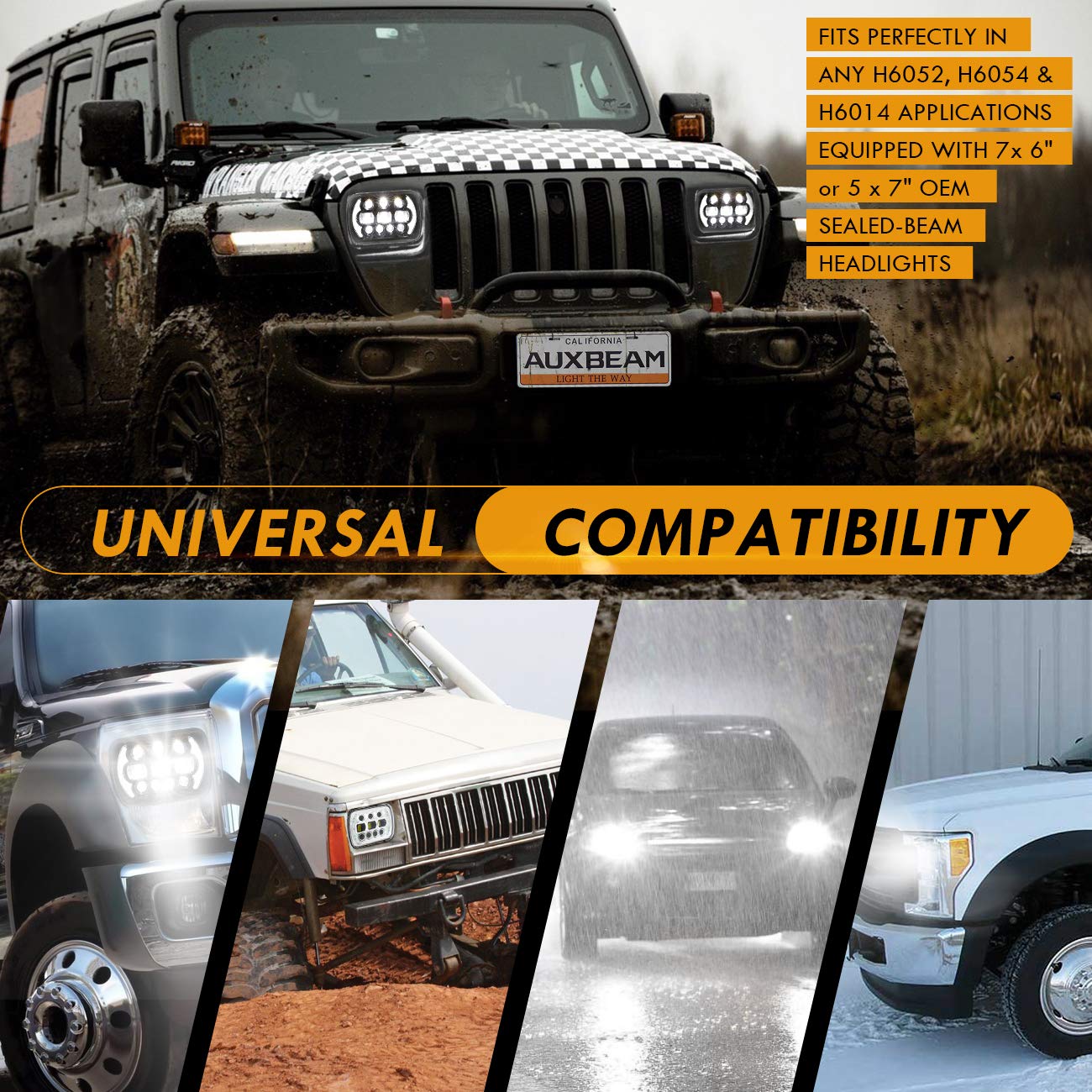 Auxbeam 5x7 LED Headlight High Low Beam, 85W 7x6 Led Sealed Beam Headlamp with DRL Angle Eyes, DOT Approved H6054 Led Headlight for Jeep Wrangler Cherokee XJ H6054 H5054 69822 6052 (2Pcs Silver) - Image 7