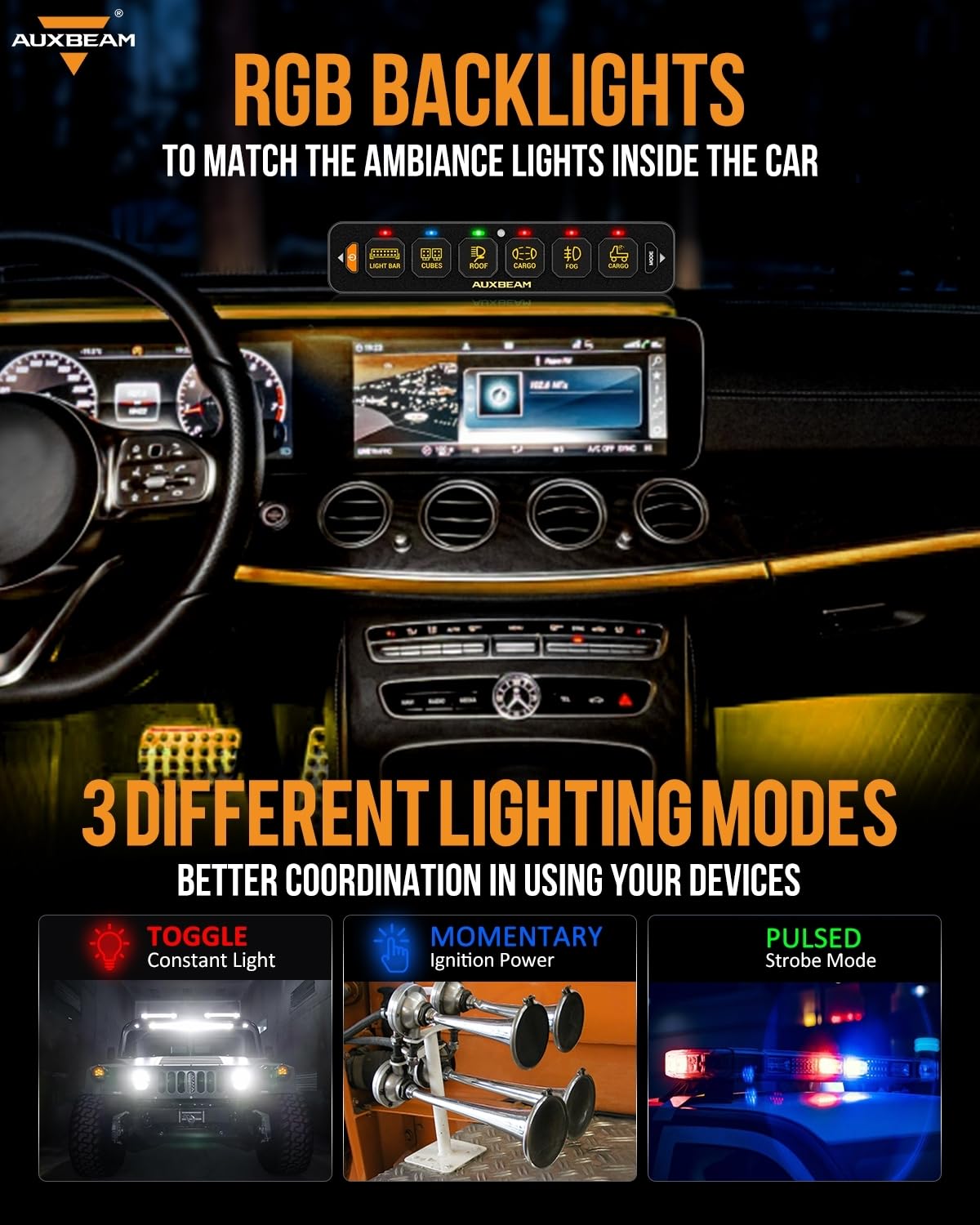 Auxbeam 6 Gang Slim Switch Panel Bluetooth RGB AS-600 with APP&Remote Control Toggle Momentary Pulsed Switch Pod Off Backlight for Truck Offroad UTV ATV Car Marine 12-24V Waterproof, 3 Years Warranty - Image 5