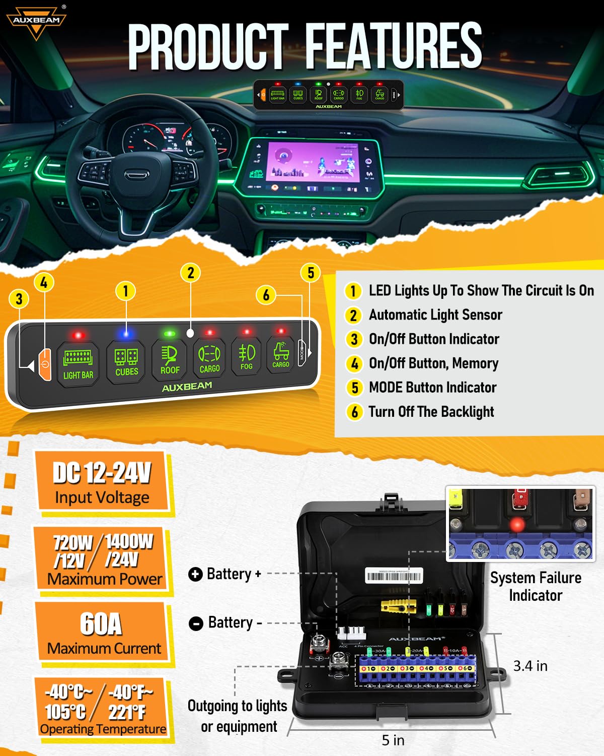 Auxbeam 6 Gang Slim Switch Panel RGB AS-R60 Toggle Momentary Pulsed Dimmable Backlight Multifunction Switch Panel with Memory Function for 12-24V Truck Offroad Car Marine Waterproof, 3 Years Warranty - Image 3