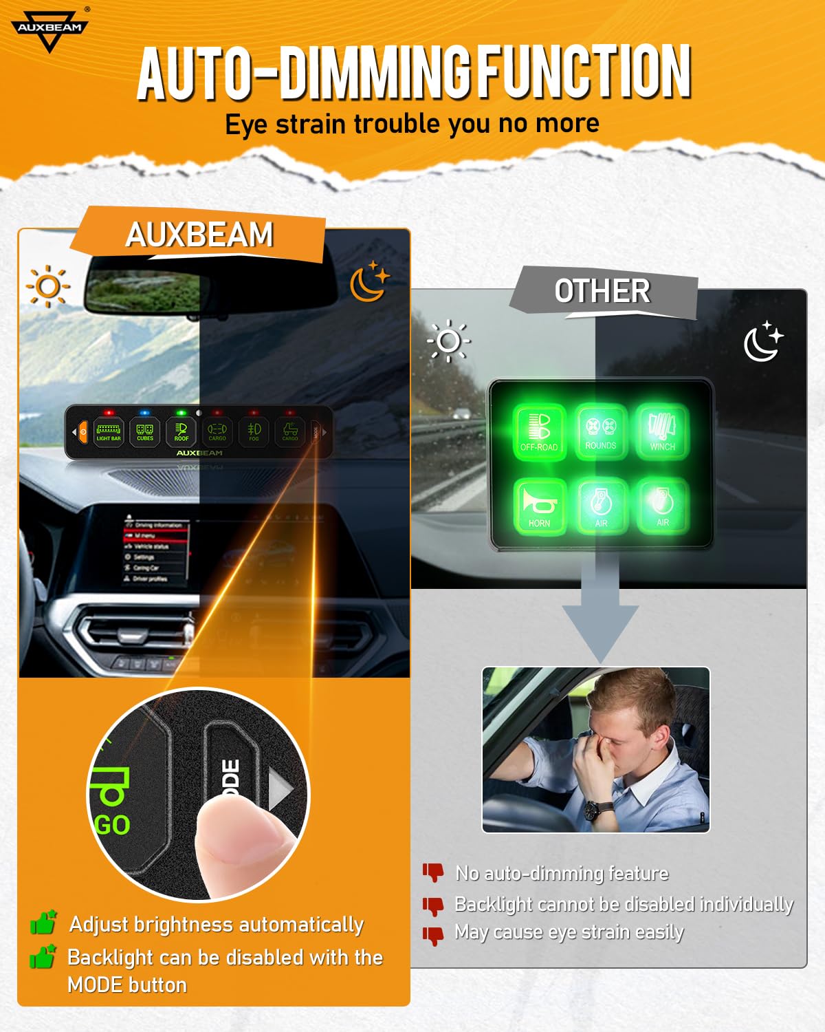 Auxbeam 6 Gang Slim Switch Panel RGB AS-R60 Toggle Momentary Pulsed Dimmable Backlight Multifunction Switch Panel with Memory Function for 12-24V Truck Offroad Car Marine Waterproof, 3 Years Warranty - Image 4