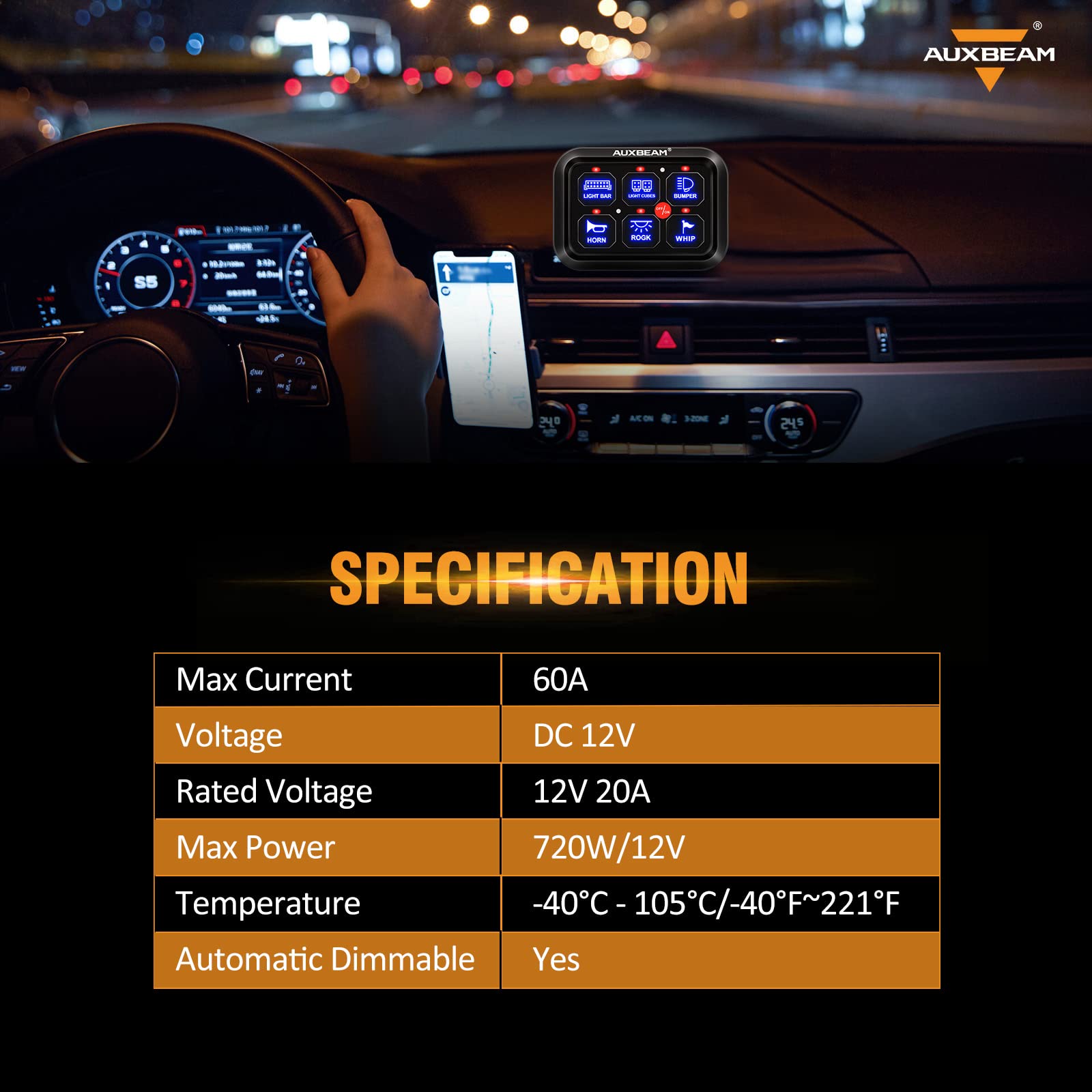 Auxbeam 6 Gang Switch Panel BC60, Universal Circuit Control Relay System Box with Automatic Dimmable On-Off LED Switch Pod Touch Switch Box for Car Pickup Truck UTV ATV Boat, 3 Years Warranty, Blue - Image 8