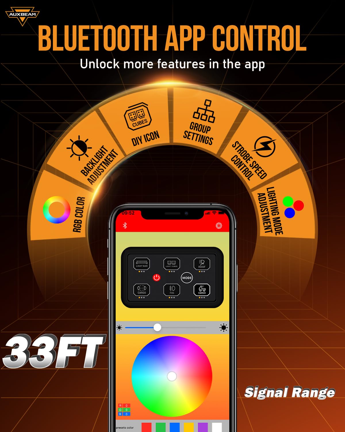 Auxbeam 6 Gang Switch Panel Bluetooth AR-600 RGB Large Button Auxiliary Switch w/Toggle Momentary Pulsed Switch Pod Backlit Off Waterproof 12-24V Panel Pod for UTV Boat Truck RV 3 Years Warranty - Image 3