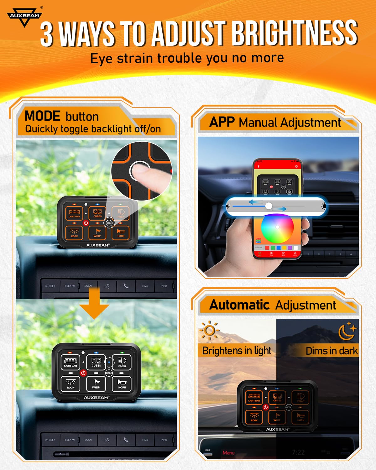 Auxbeam 6 Gang Switch Panel Bluetooth AR-600 RGB Large Button Auxiliary Switch w/Toggle Momentary Pulsed Switch Pod Backlit Off Waterproof 12-24V Panel Pod for UTV Boat Truck RV 3 Years Warranty - Image 4