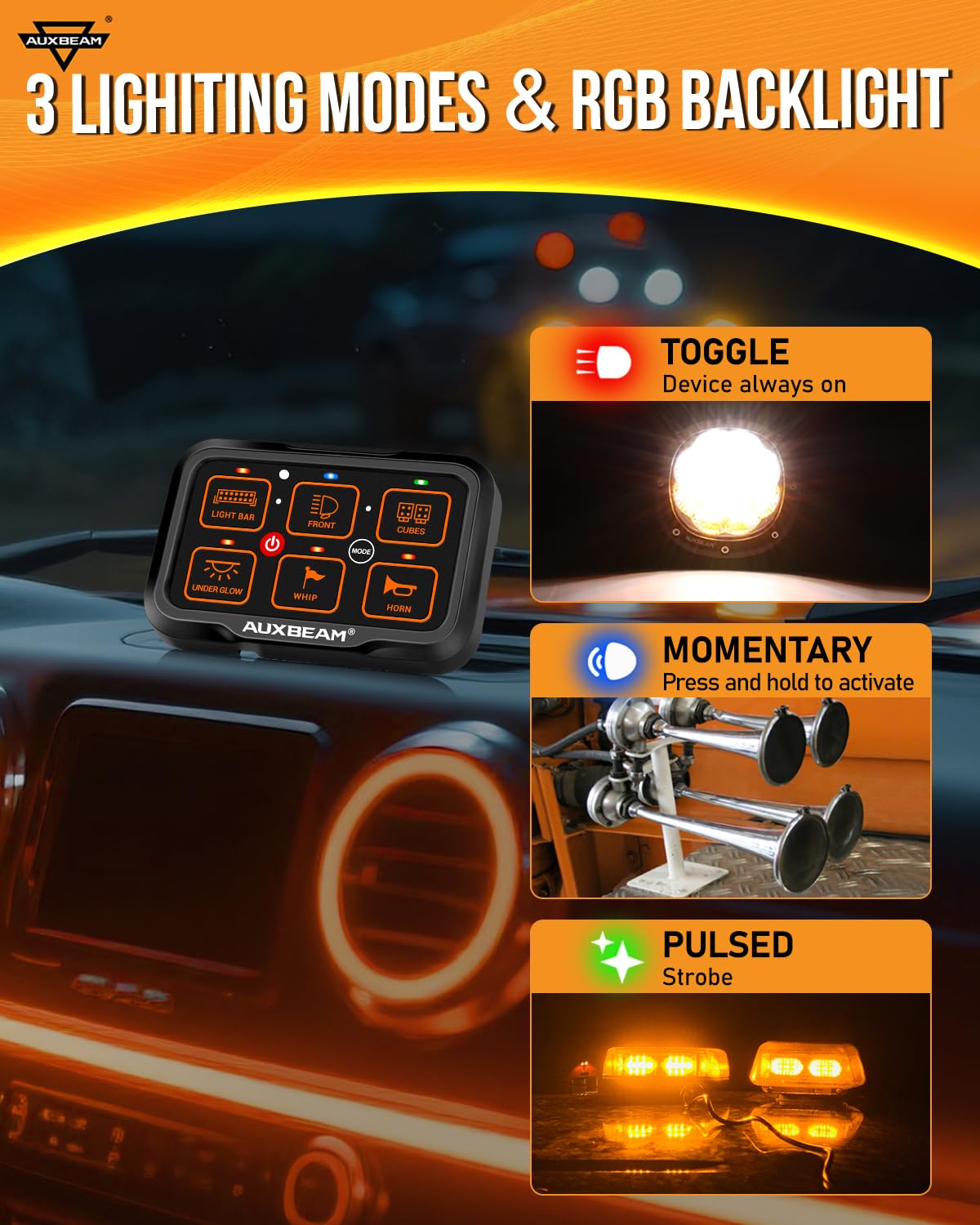 Auxbeam 6 Gang Switch Panel Bluetooth AR-600 RGB Large Button Auxiliary Switch w/Toggle Momentary Pulsed Switch Pod Backlit Off Waterproof 12-24V Panel Pod for UTV Boat Truck RV 3 Years Warranty - Image 5