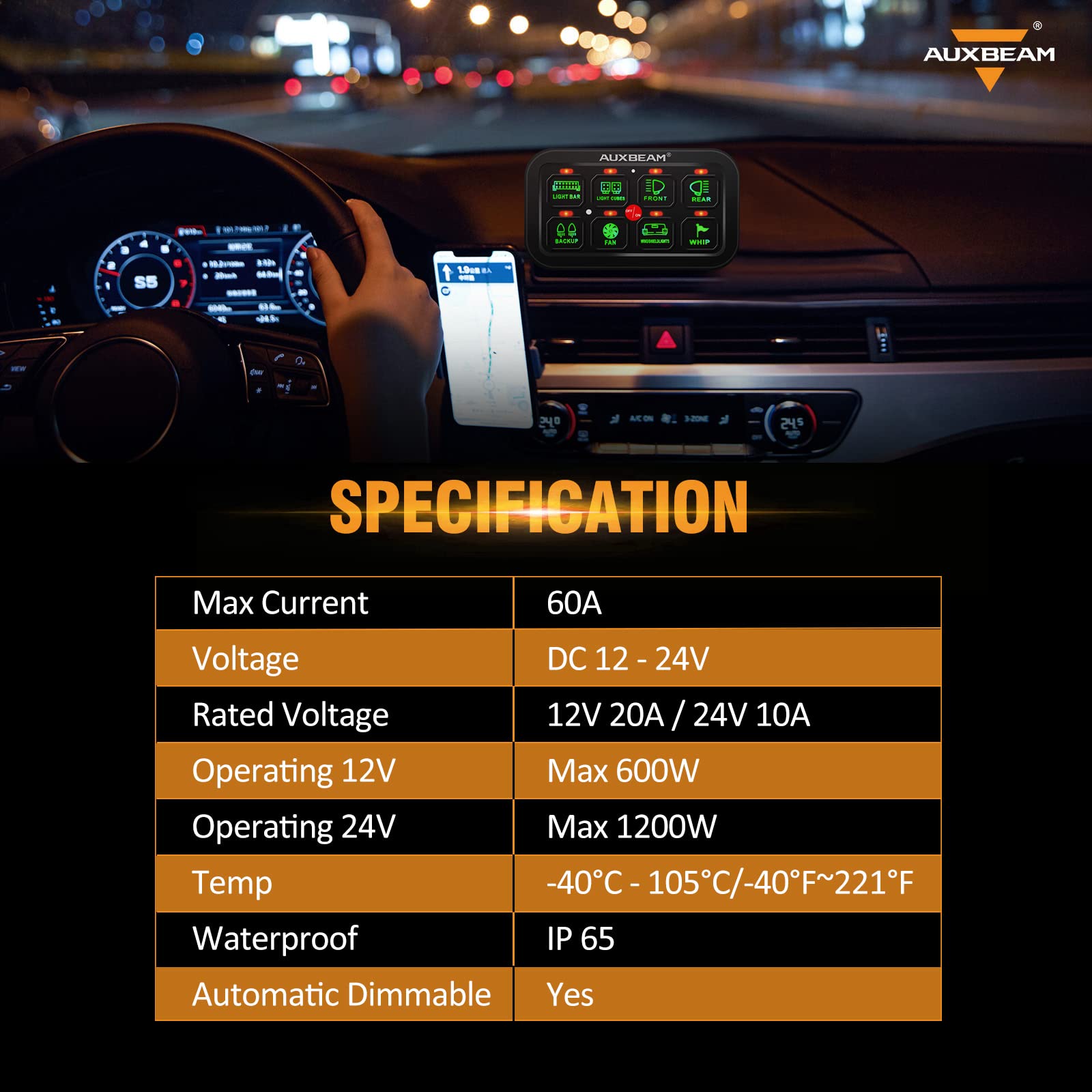 Auxbeam 8 Gang Switch Panel GA80 Universal Circuit Control Relay System Automatic Dimmable LED On-Off Switch Pod Touch Control Panel Relay Box for Car Truck Pickup UTV SUV - Green, 2 Years Warranty - Image 5