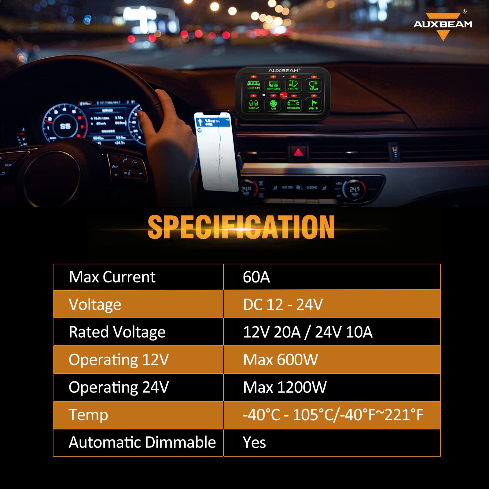 Auxbeam 8 Gang Switch Panel GB80, Universal Circuit Control Relay System Box with Automatic Dimmable On-Off LED Switch Pod Touch Switch Box for Car Pickup Truck Boat ATV UTV, Green 2 Years Warranty - Image 8