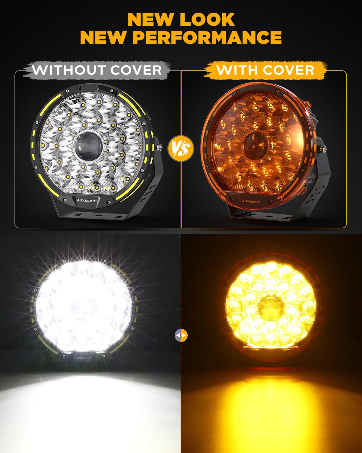 Auxbeam 9 Inch Deep Amber Light Covers for 360-PRO/RAY-L Series, 2300K Dark Amber Tint Round Off-Road Light Lens Cap, Light Bar Covers for Fog Dust Rain Snow, 2 Packs - Image 3