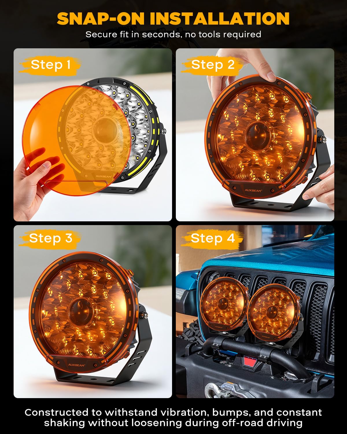Auxbeam 9 Inch Deep Amber Light Covers for 360-PRO/RAY-L Series, 2300K Dark Amber Tint Round Off-Road Light Lens Cap, Light Bar Covers for Fog Dust Rain Snow, 2 Packs - Image 4