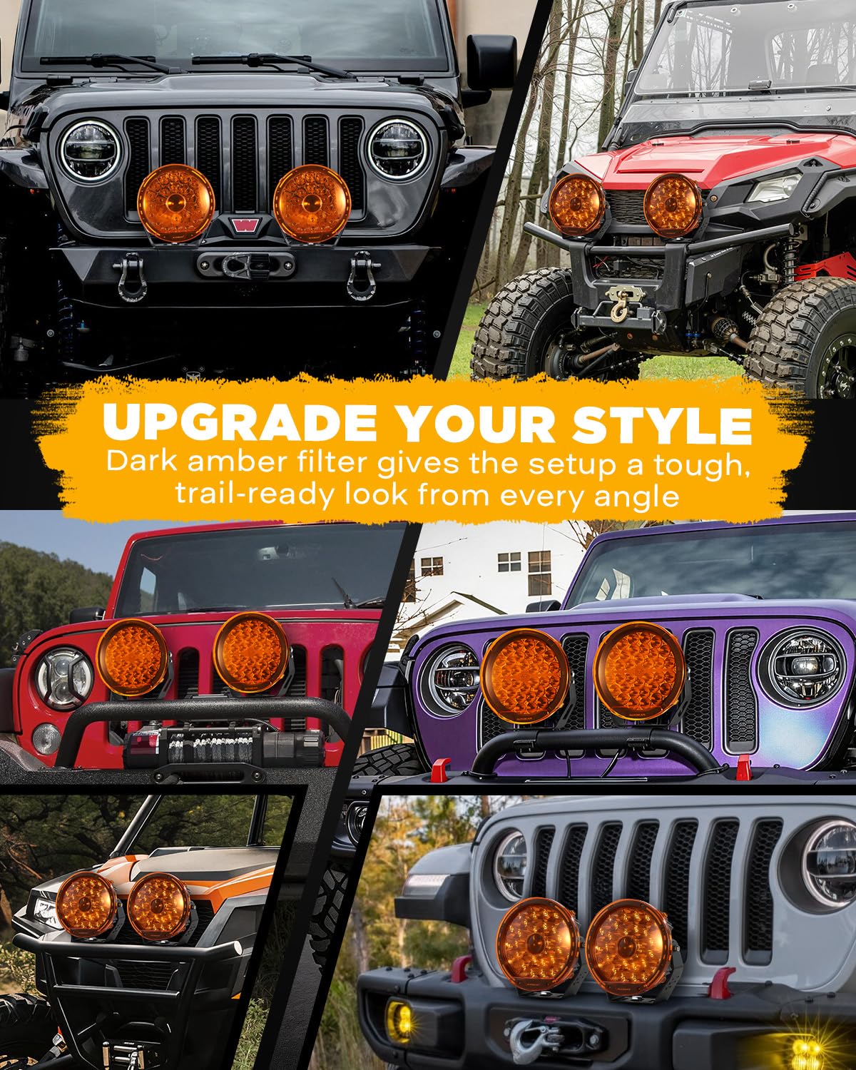 Auxbeam 9 Inch Deep Amber Light Covers for 360-PRO/RAY-L Series, 2300K Dark Amber Tint Round Off-Road Light Lens Cap, Light Bar Covers for Fog Dust Rain Snow, 2 Packs - Image 6