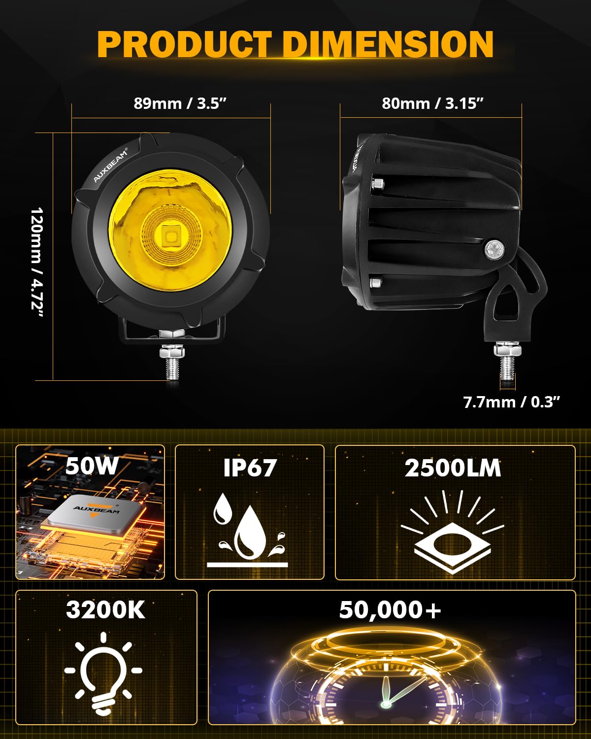 Auxbeam Amber Fog Lights, 3.5 Inch 50W Round Led Offroad Light 5000LM Yellow Round Led Pods with Wiring Harness Kit, Spot Flood Combo Driving Lights for Truck ATV UTV Motorcycle Off-Roading - Image 5