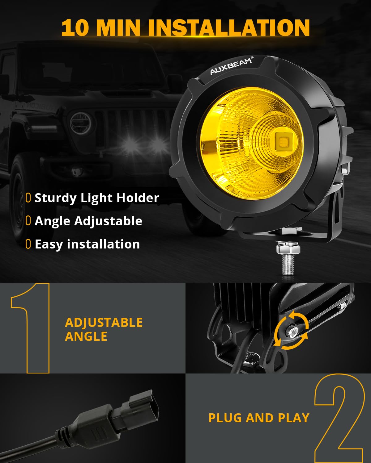 Auxbeam Amber Fog Lights, 3.5 Inch 50W Round Led Offroad Light 5000LM Yellow Round Led Pods with Wiring Harness Kit, Spot Flood Combo Driving Lights for Truck ATV UTV Motorcycle Off-Roading - Image 7