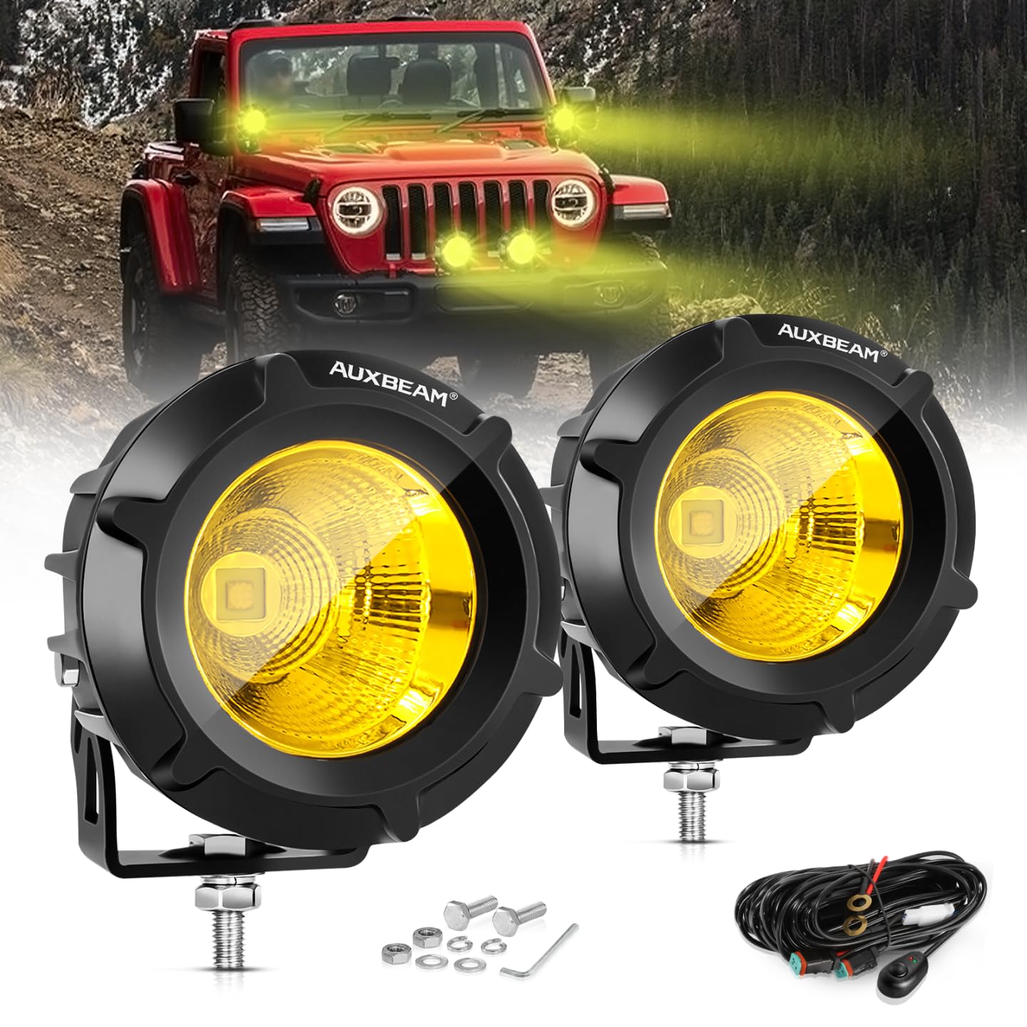 Auxbeam Amber Fog Lights, 3.5 Inch 50W Round Led Offroad Light 5000LM Yellow Round Led Pods with Wiring Harness Kit, Spot Flood Combo Driving Lights for Truck ATV UTV Motorcycle Off-Roading - Image 8