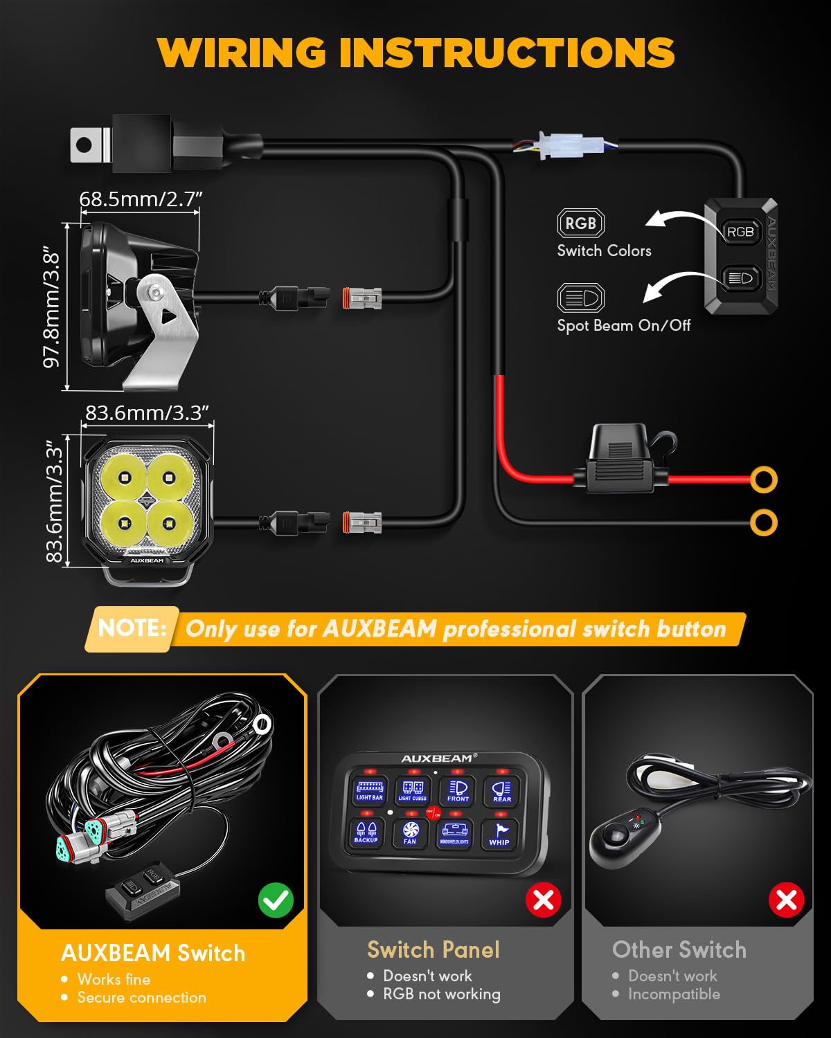 Auxbeam Color Play Series 3 Inch Pod Lights, 7 Colors RGB Gradient Cycle Off Road Driving Lights, 116W Spot Beam Ditch Lights Multicolor LED Light Bar for ATV Truck with Amber & White & Black Covers - Image 7