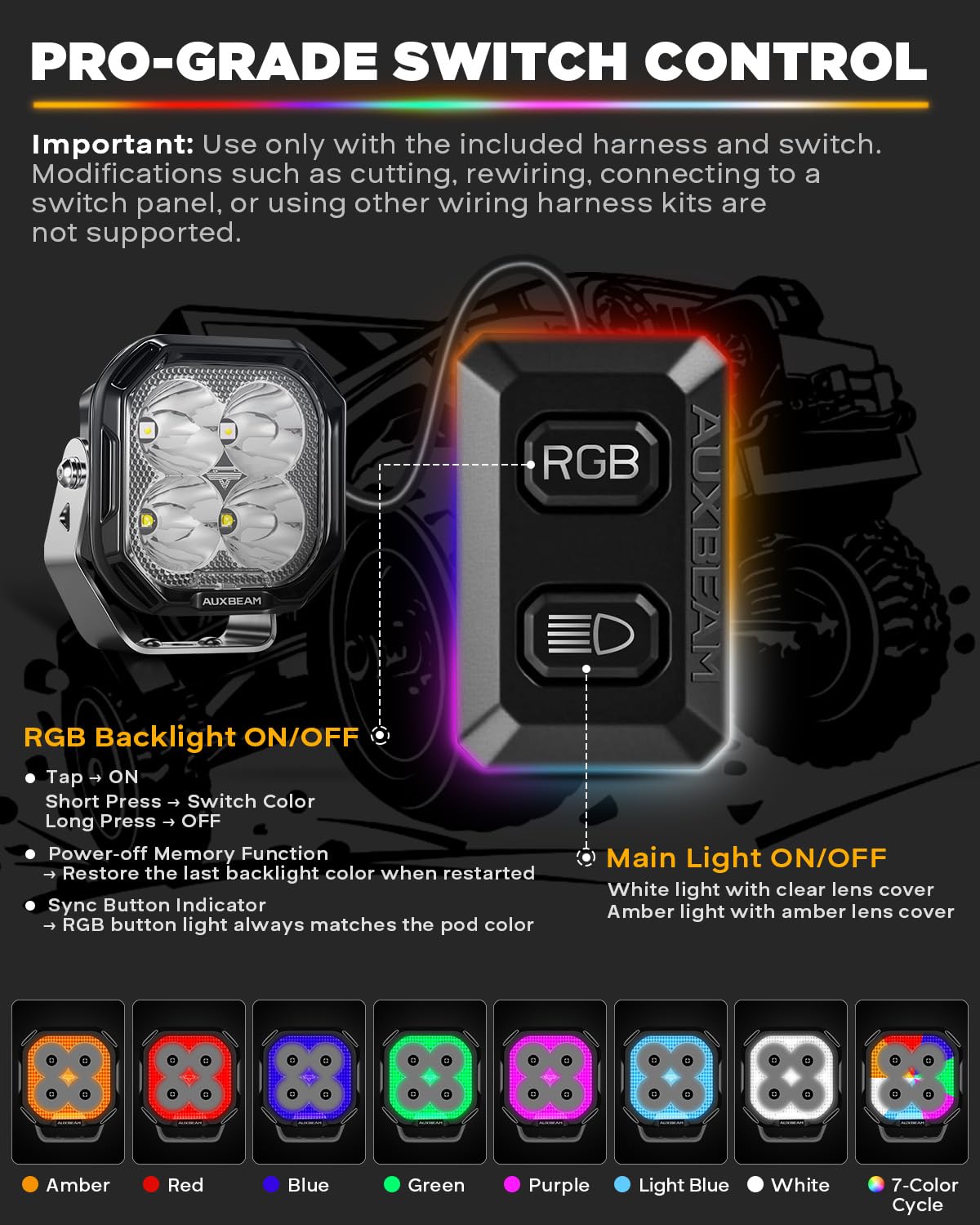 Auxbeam Color Play Series 3 Inch RGB LED Ditch Lights 7 Colors Gradient with Black Protective Light Covers Bundle RGBW Color Changing Ambient Lighting Off Road Spot Light Pods - Image 3