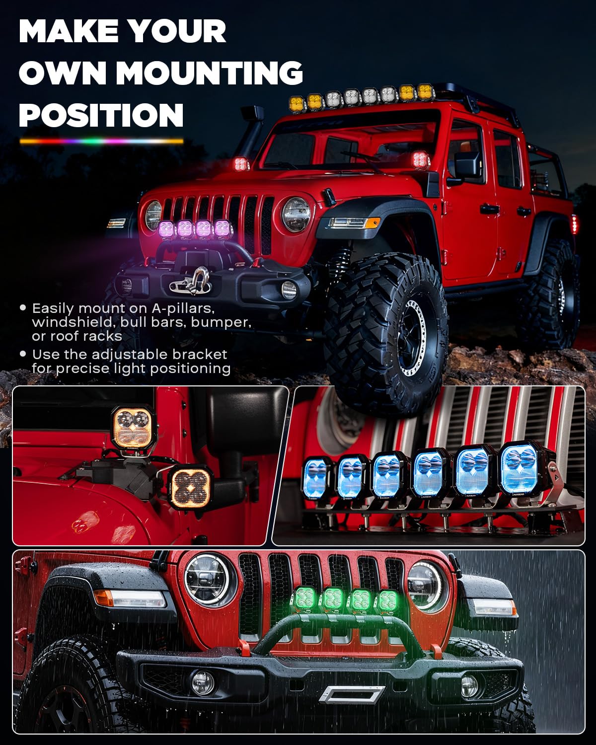 Auxbeam Color Play Series 3 Inch RGB LED Ditch Lights 7 Colors Gradient with Black Protective Light Covers Bundle RGBW Color Changing Ambient Lighting Off Road Spot Light Pods - Image 4