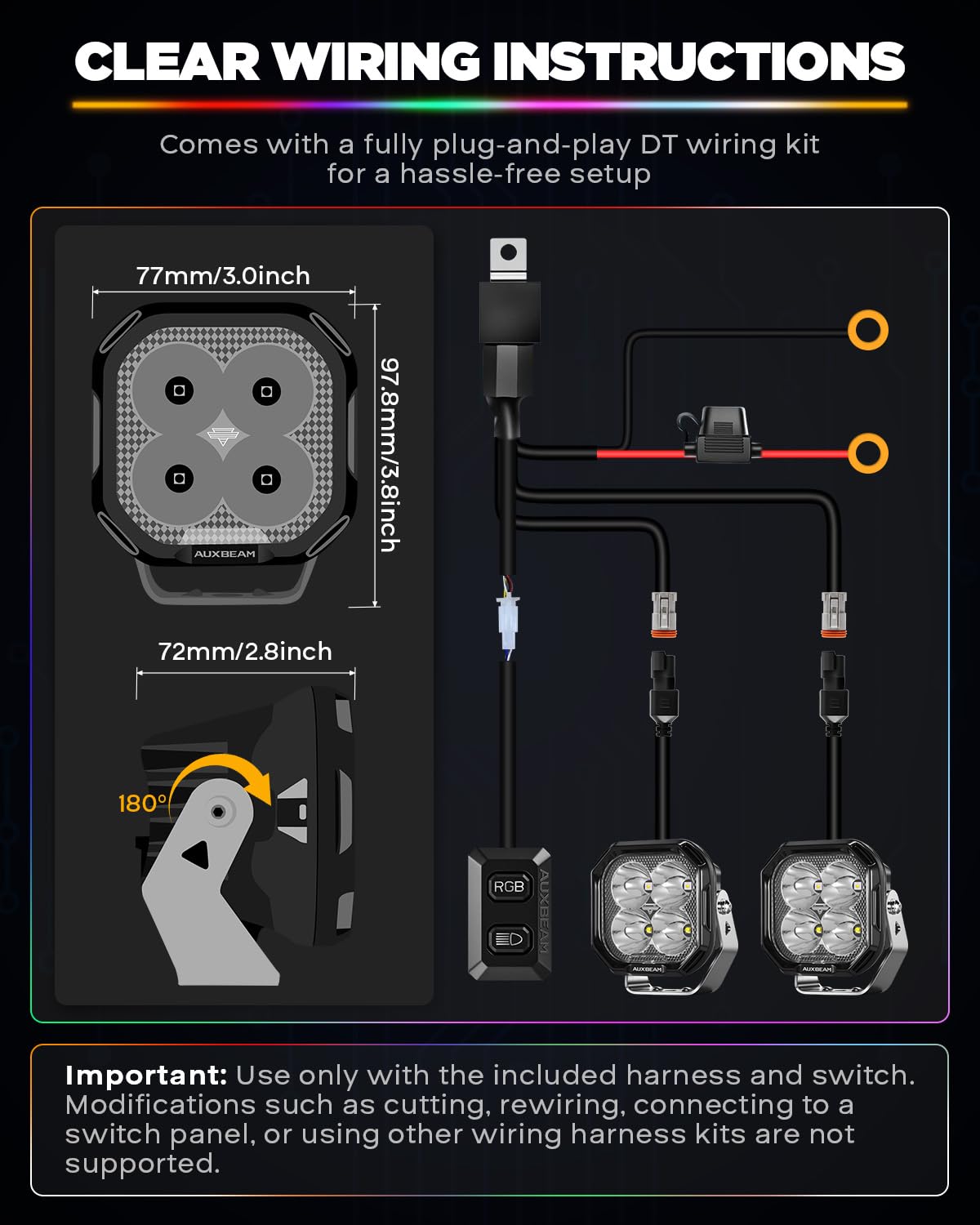 Auxbeam Color Play Series 3 Inch RGB LED Ditch Lights 7 Colors Gradient with Black Protective Light Covers Bundle RGBW Color Changing Ambient Lighting Off Road Spot Light Pods - Image 9