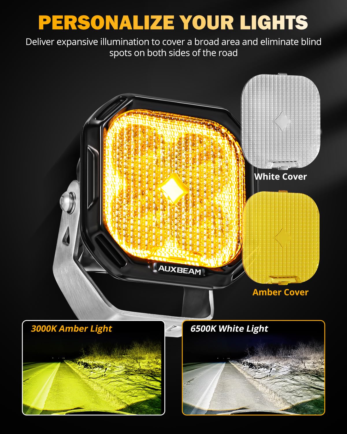 Auxbeam Color Play Series Flood Beam 3 Inch Led Pods with DRL & Turn Signal & Color Play Series 3 Inch LED Pod Light Covers - Image 3