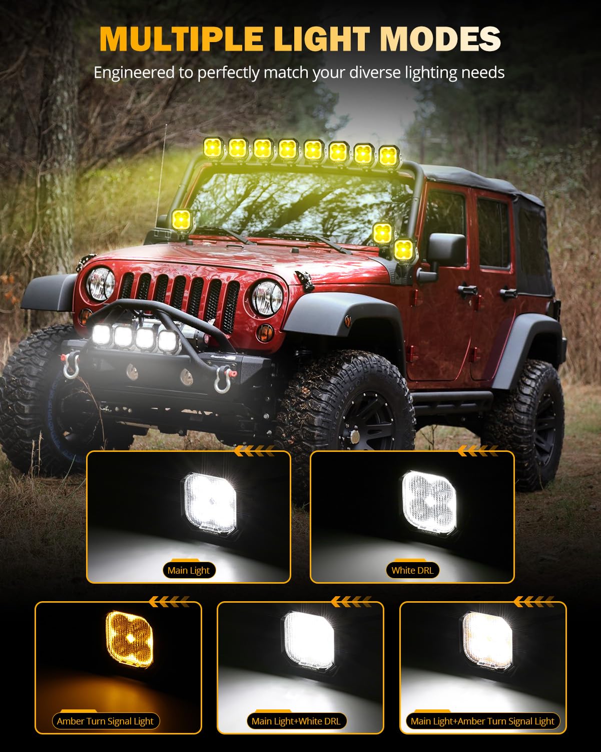 Auxbeam Color Play Series Flood Beam 3 Inch Led Pods with DRL & Turn Signal & Color Play Series 3 Inch LED Pod Light Covers - Image 5