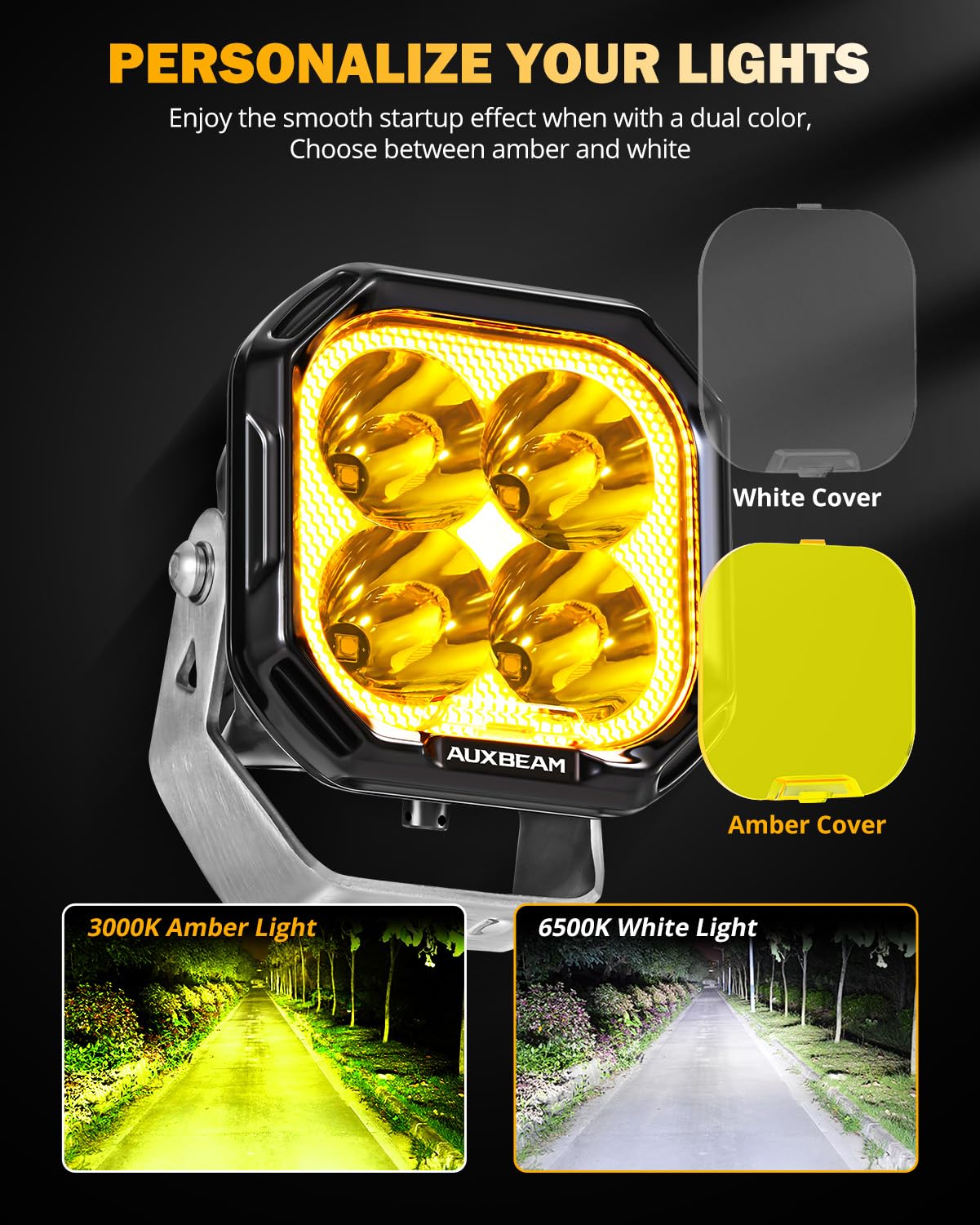 Auxbeam Color Play Series Spot Beam 3 Inch Led Pods with DRL & Turn Signal & Color Play Series 3 Inch LED Pod Light Covers - Image 3