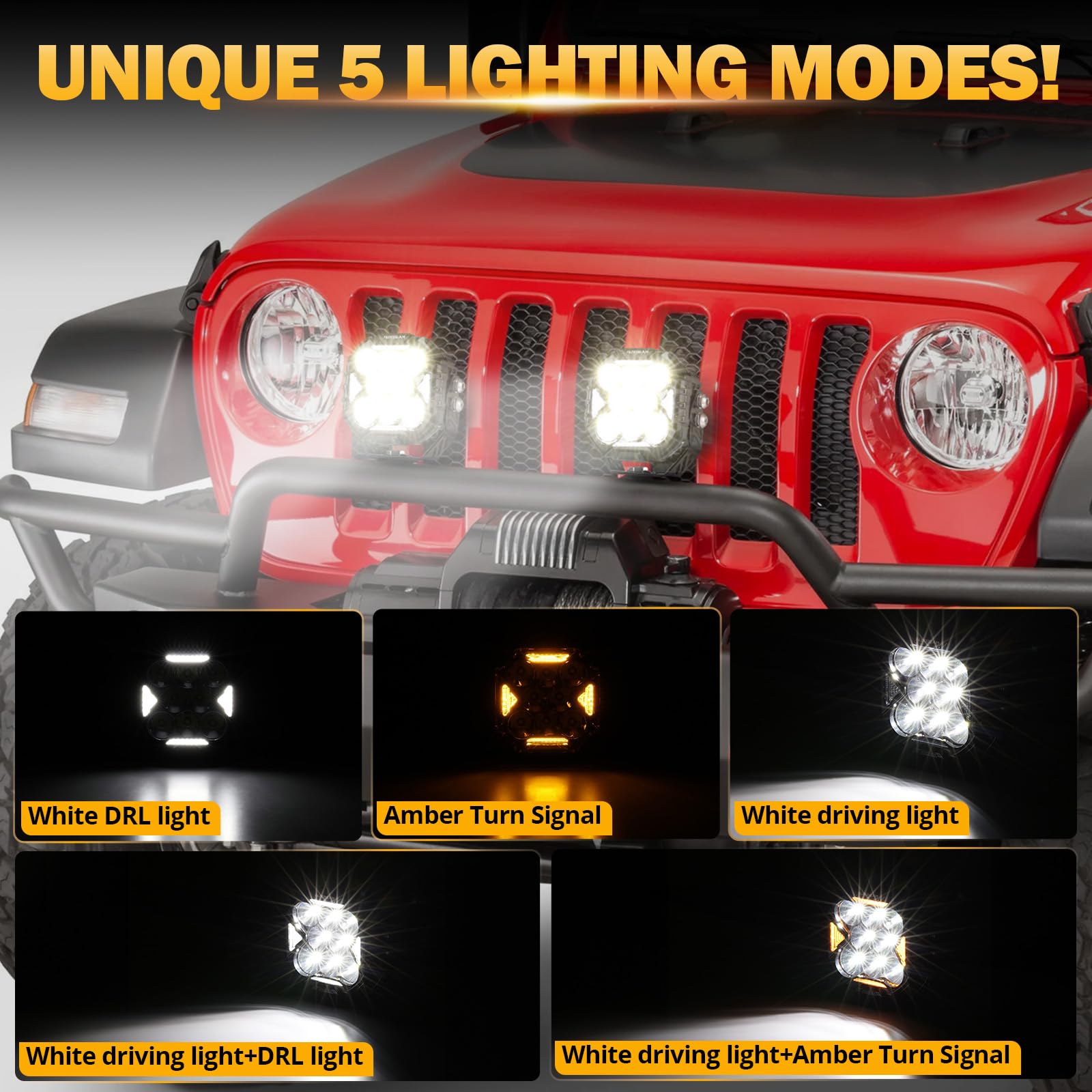 Auxbeam Cube-Z Series 4" Led Pods with Amber Covers, 112W 12800LM Spot Offroad Driving Lights with DRL Turn Signal, Cube Ditch Lights with DT Wiring Harness for Jeep Offroad Truck ATV UTV, Pair - Image 3