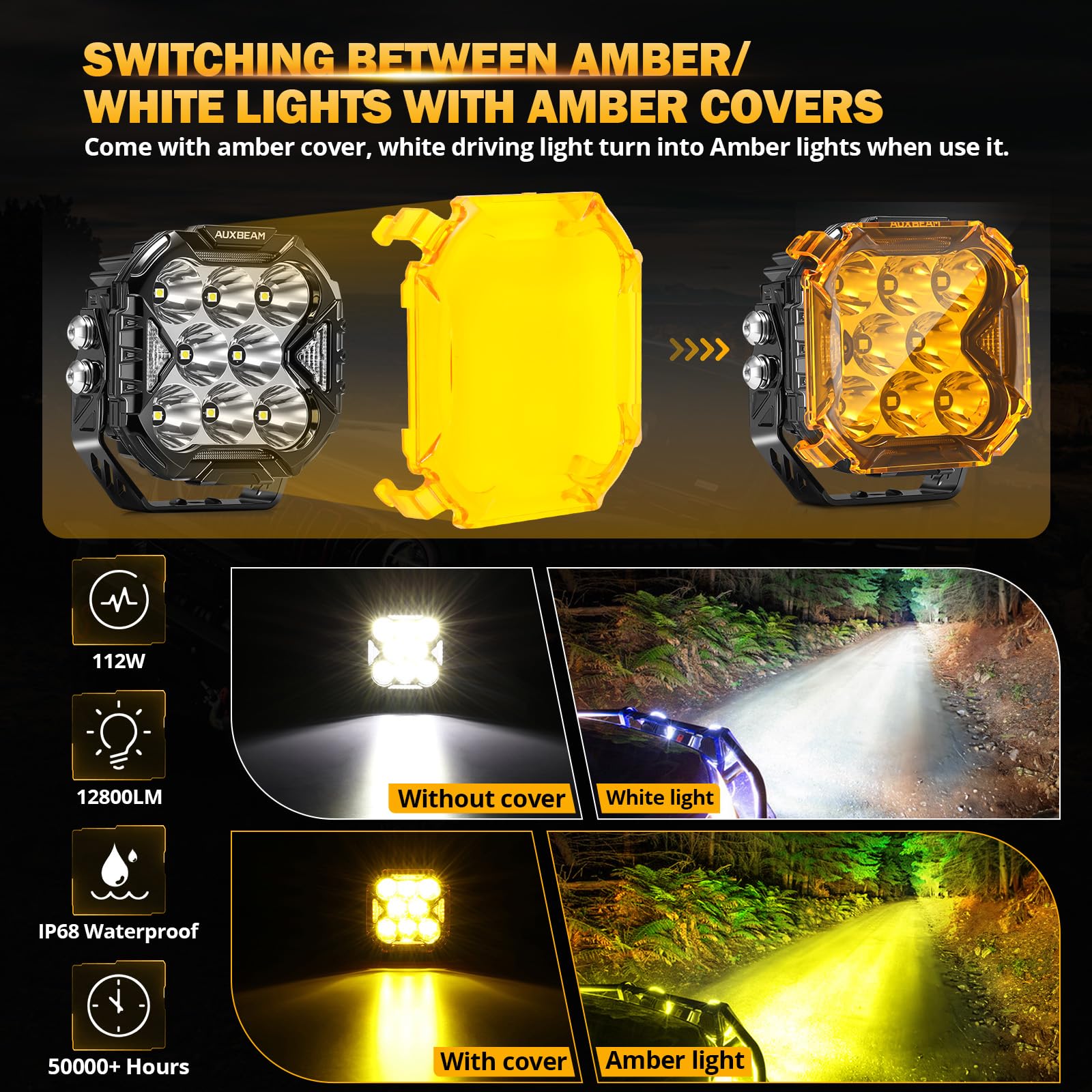 Auxbeam Cube-Z Series 4" Led Pods with Amber Covers, 112W 12800LM Spot Offroad Driving Lights with DRL Turn Signal, Cube Ditch Lights with DT Wiring Harness for Jeep Offroad Truck ATV UTV, Pair - Image 5