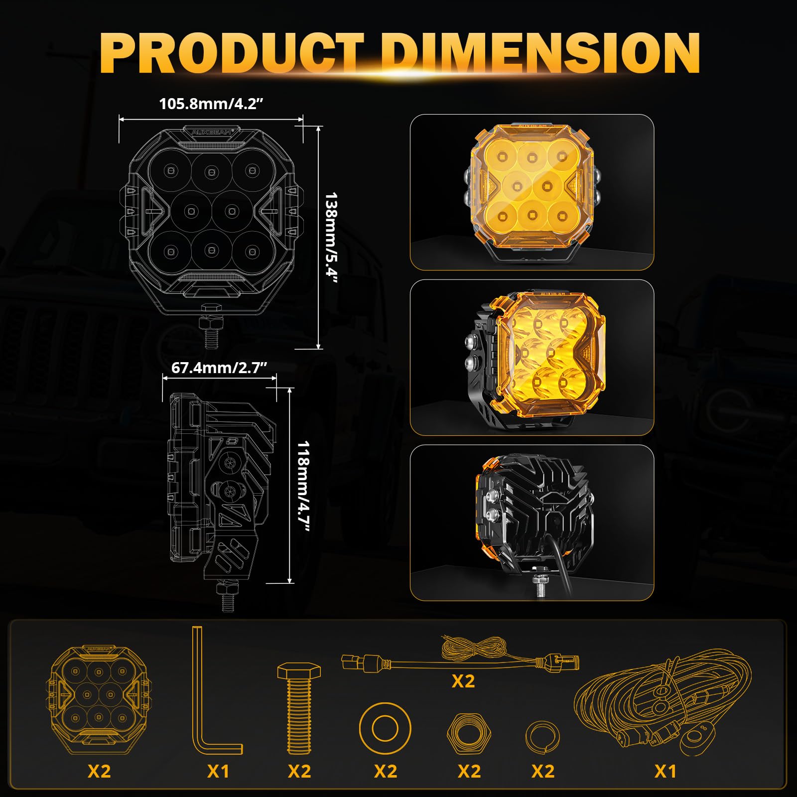 Auxbeam Cube-Z Series 4" Led Pods with Amber Covers, 112W 12800LM Spot Offroad Driving Lights with DRL Turn Signal, Cube Ditch Lights with DT Wiring Harness for Jeep Offroad Truck ATV UTV, Pair - Image 8