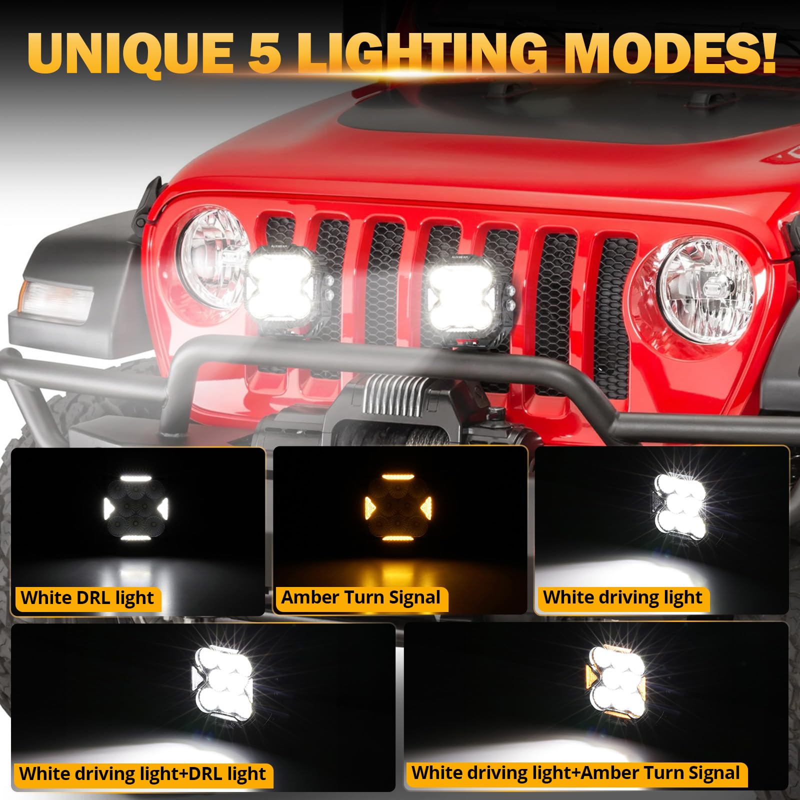 Auxbeam Cube-Z Series 4" Led Pods with Amber Covers, 112W 12800LM Flood Offroad Driving Lights with DRL Turn Signal, Cube Ditch Lights with DT Wiring Harness for Jeep Offroad ATV UTV, Pair - Image 3