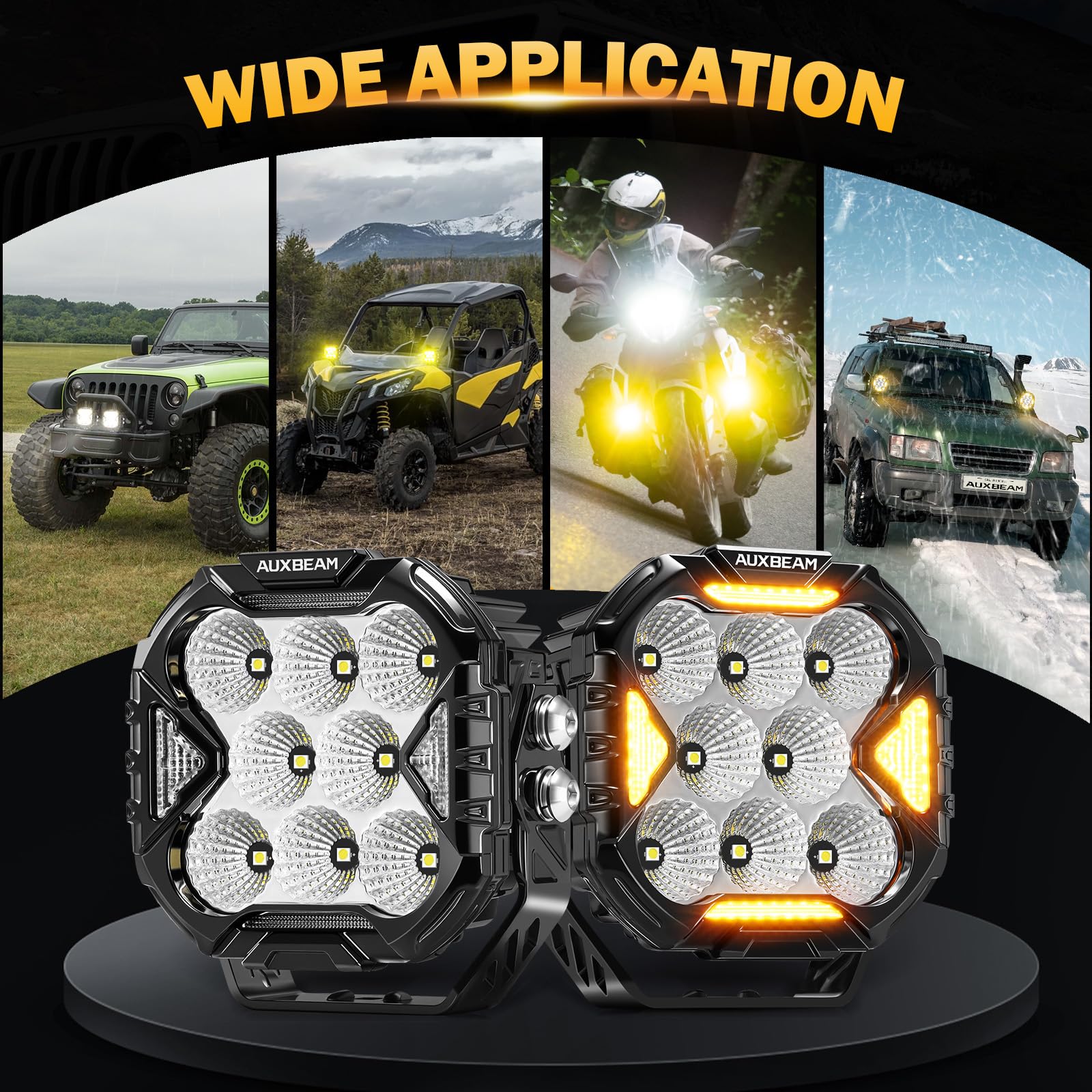 Auxbeam Cube-Z Series 4" Led Pods with Amber Covers, 112W 12800LM Flood Offroad Driving Lights with DRL Turn Signal, Cube Ditch Lights with DT Wiring Harness for Jeep Offroad ATV UTV, Pair - Image 6