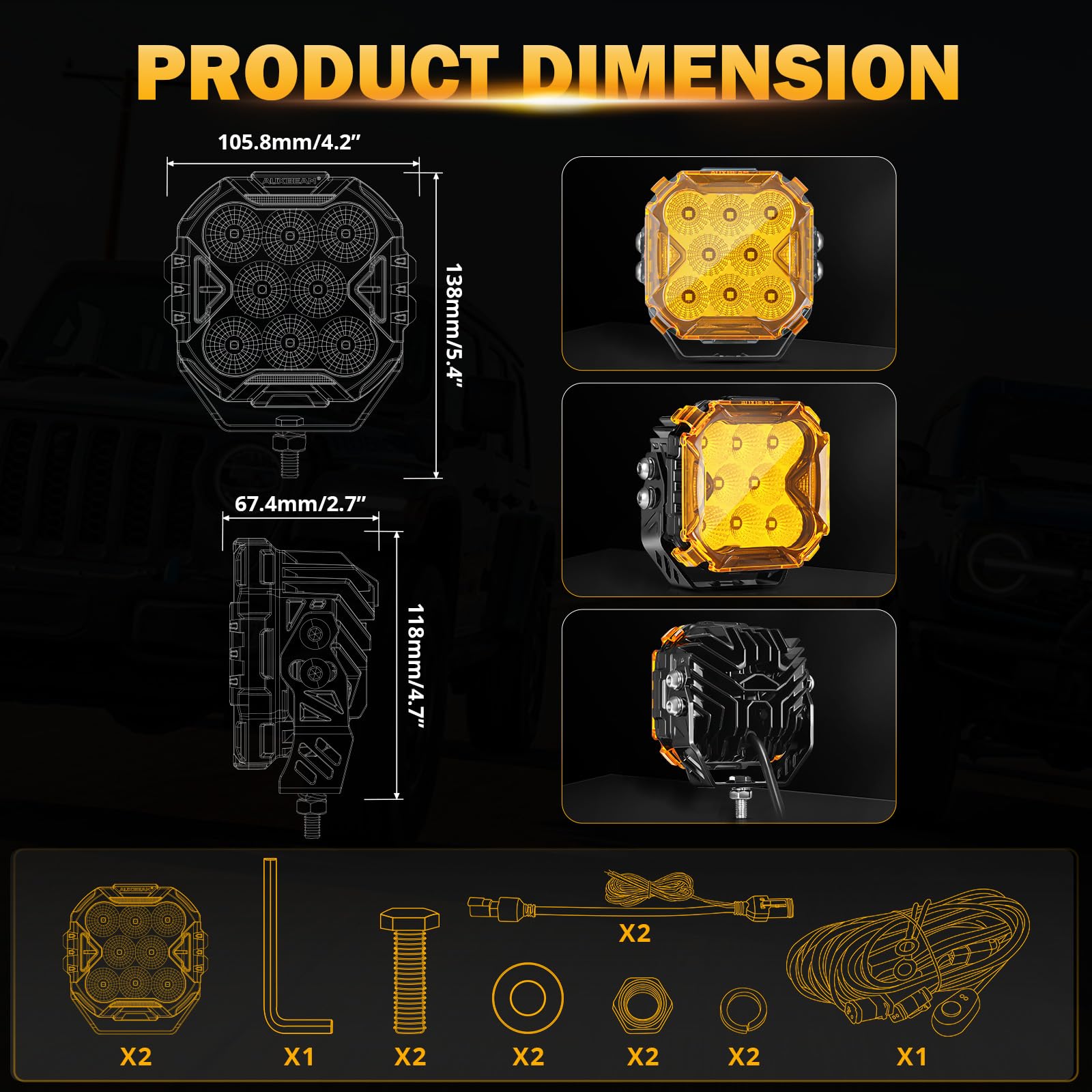 Auxbeam Cube-Z Series 4" Led Pods with Amber Covers, 112W 12800LM Flood Offroad Driving Lights with DRL Turn Signal, Cube Ditch Lights with DT Wiring Harness for Jeep Offroad ATV UTV, Pair - Image 8